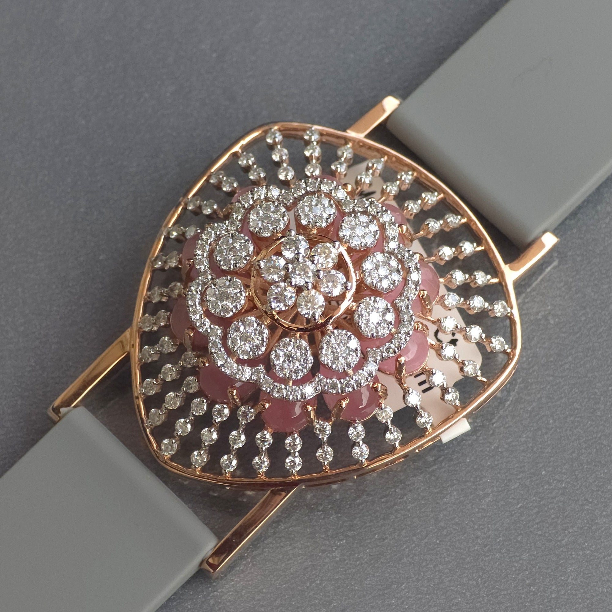 Unique Triangle Floral Dome Design In 925 Sterling Silver Bracelet, Real White Moissanites & Jade Watch Bracelet, Unique Woman Bracelet
