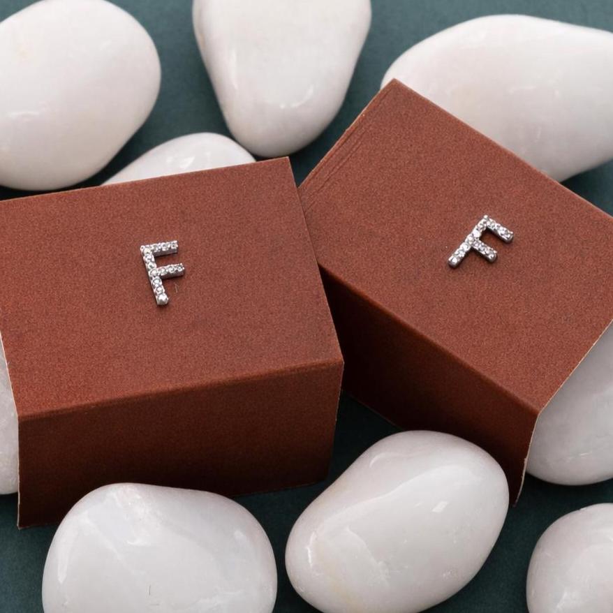 925 Sterling Silver F Stud Earrings CZ Pave Letter F Initial Earrings Minimalist Alphabet Jewelry Gift for Her
