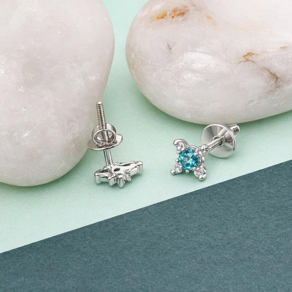 AMONROO® 925 Silver Jewellery for Women - 925 Sterling Silver Blue Topaz CZ Stud Earrings, Halo Stone Earrings, Birthstone Jewellery Gift | 925 Stamp, Warranty & Authenticity Certificate