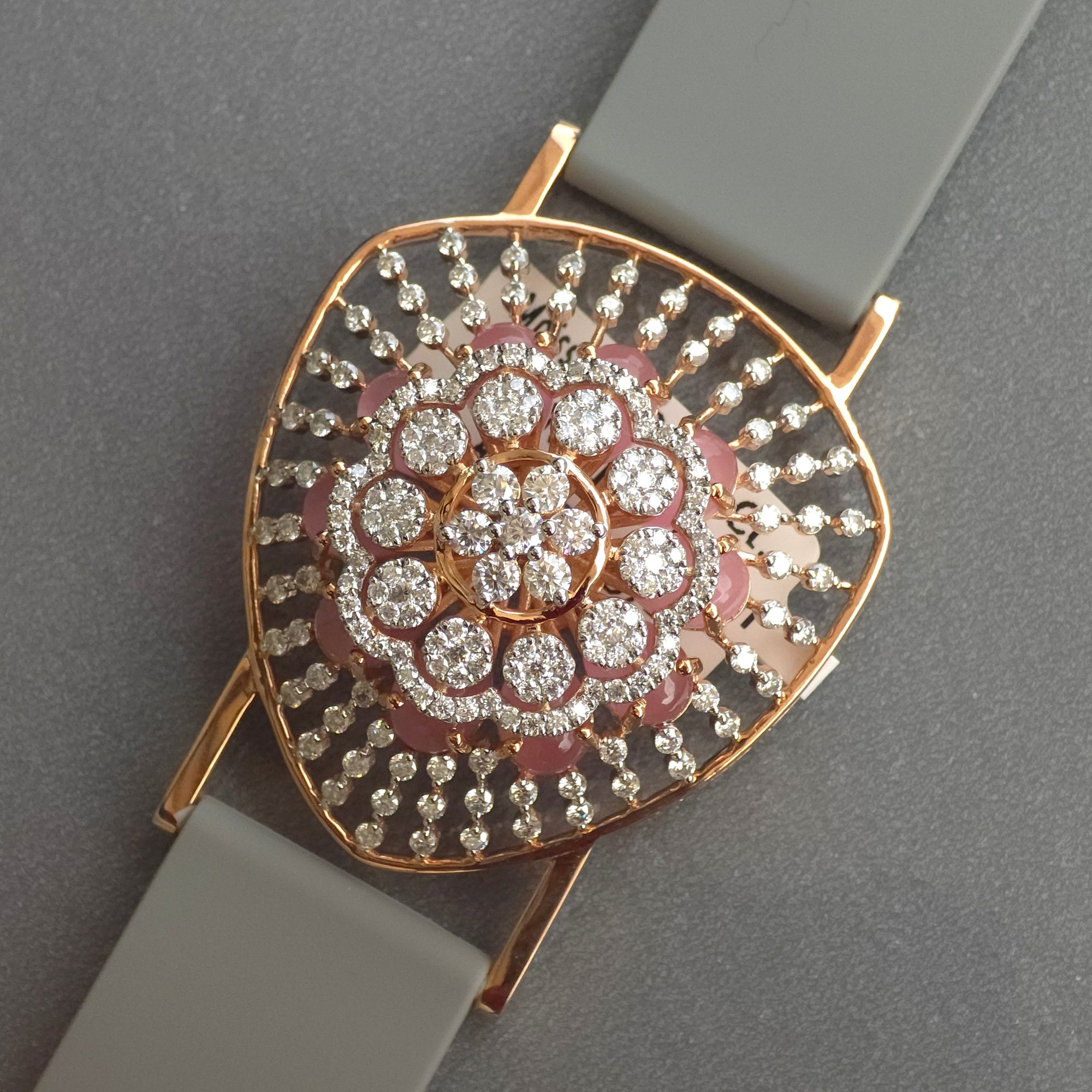 Unique Triangle Floral Dome Design In 925 Sterling Silver Bracelet, Real White Moissanites & Jade Watch Bracelet, Unique Woman Bracelet
