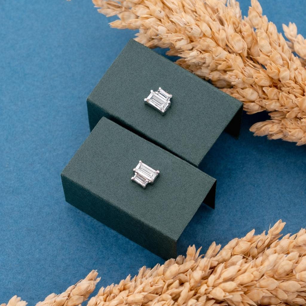 925 Sterling Silver Emerald Cut Stud Earrings, Minimalist Geometric Bridal Jewelry