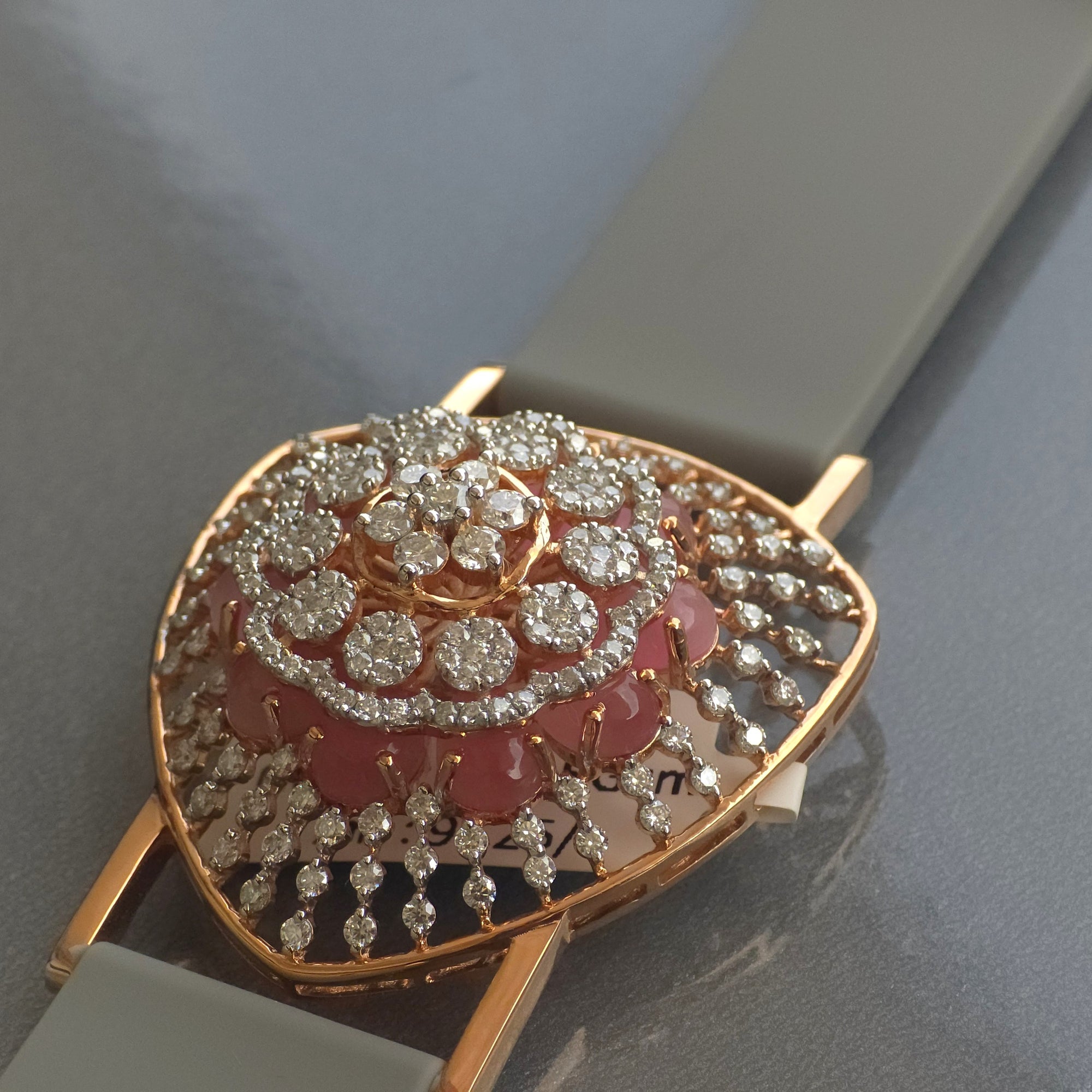 Unique Triangle Floral Dome Design In 925 Sterling Silver Bracelet, Real White Moissanites & Jade Watch Bracelet, Unique Woman Bracelet