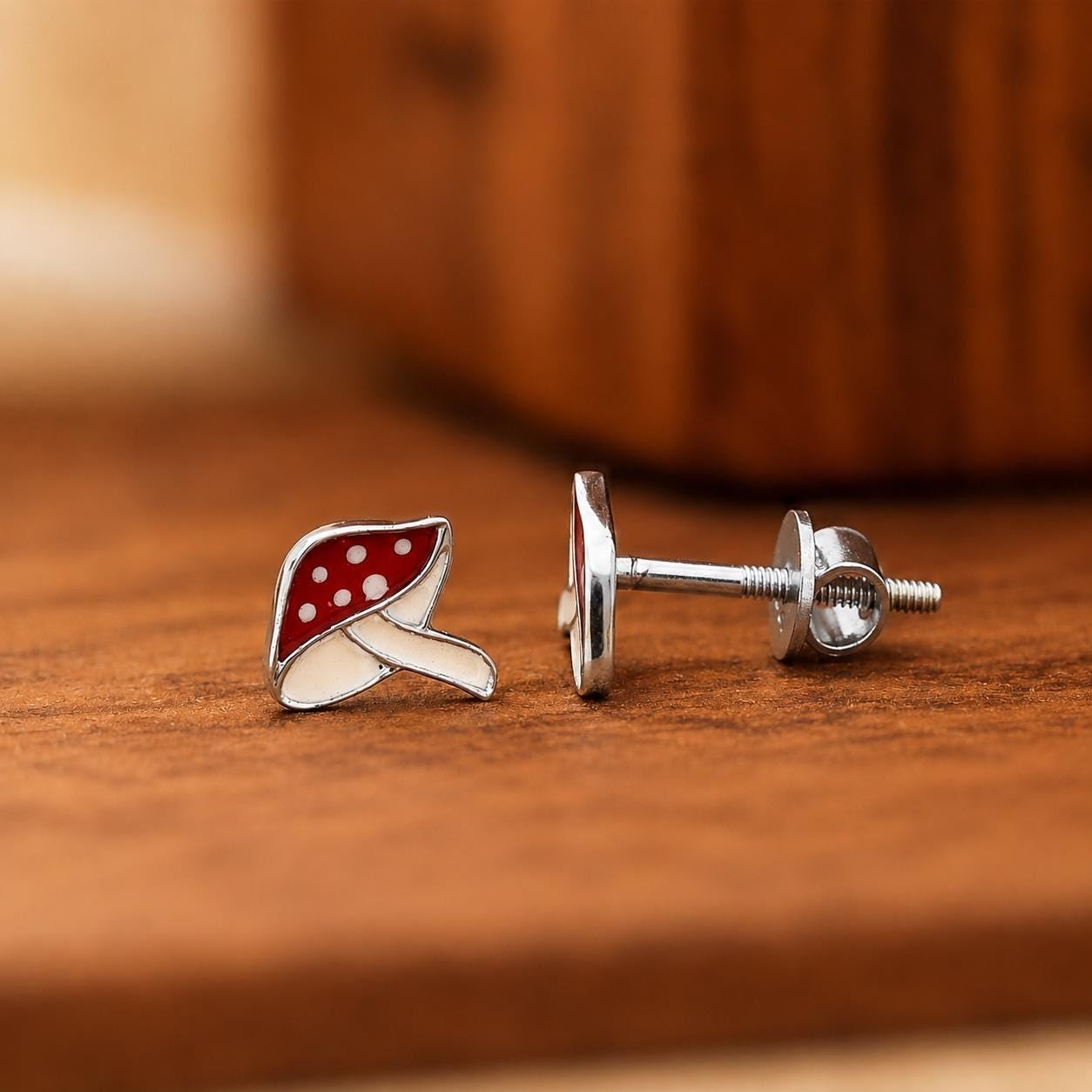 AMONROO® 925 Silver Jewellery for Women - 925 Sterling Silver Red Mushroom Enamel Stud Earrings, Nature Jewellery, Gift for Her | 925 Stamp, Warranty & Authenticity Certificate