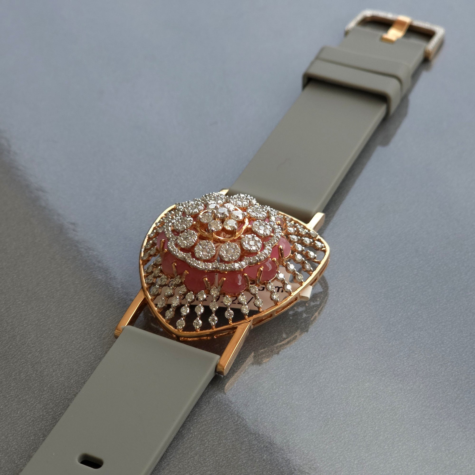 Unique Triangle Floral Dome Design In 925 Sterling Silver Bracelet, Real White Moissanites & Jade Watch Bracelet, Unique Woman Bracelet