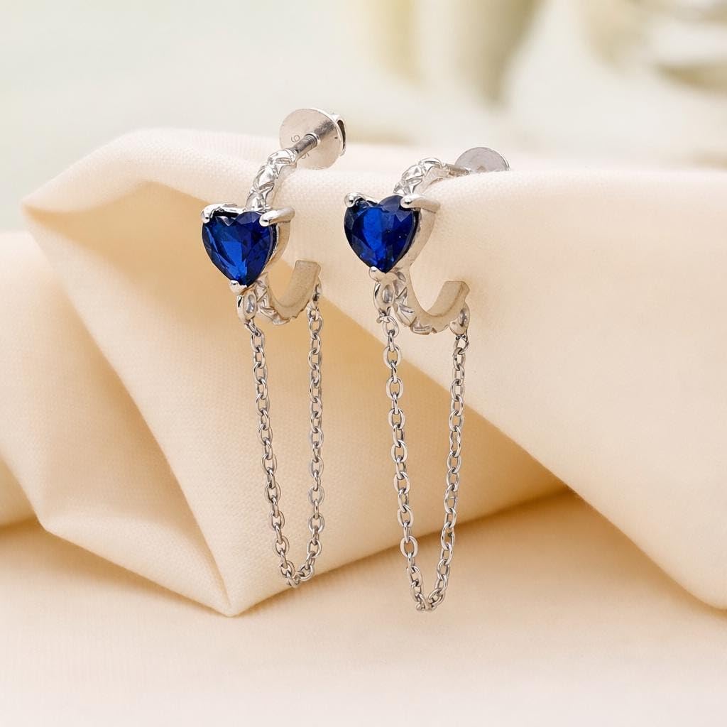 AMONROO® 925 Silver Jewellery for Women - 925 Sterling Silver Blue Heart Chain Hoop Earrings, CZ Heart Huggie Earrings, 27 x 5 mm | 925 Stamp, Warranty & Authenticity Certificate