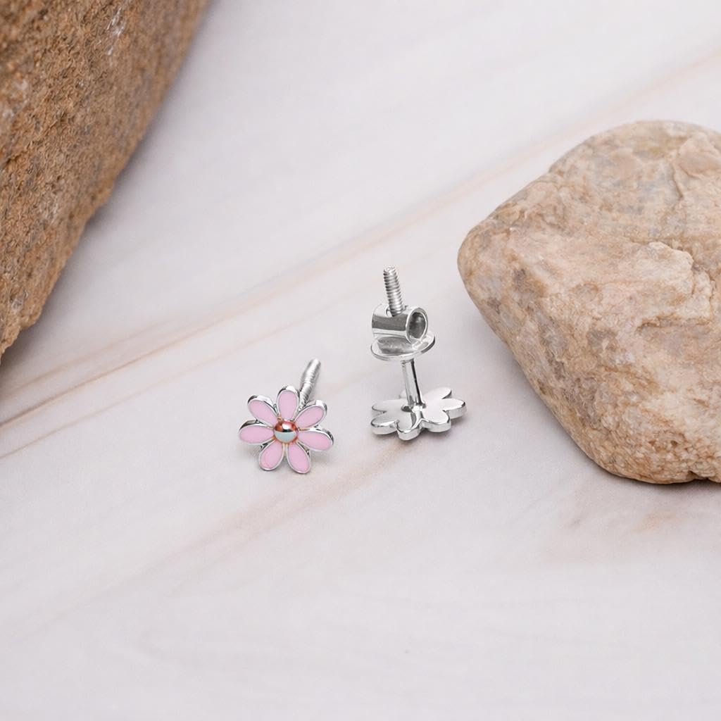 AMONROO® 925 Silver Jewellery for Women - 925 Sterling Silver Pink Daisy Enamel Stud Earrings, Floral Earrings, Daily Wear Jewellery | 925 Stamp, Warranty & Authenticity Certificate