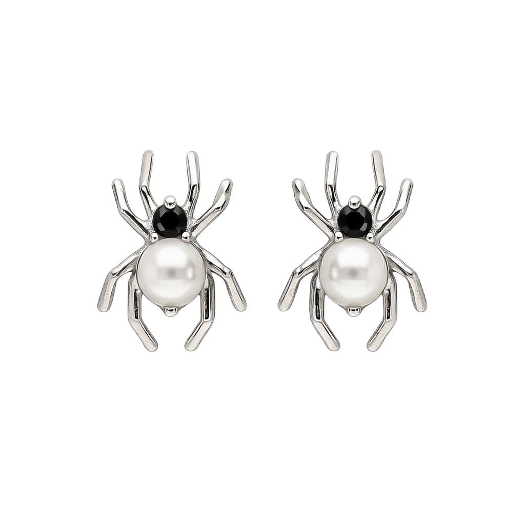 AMONROO® 925 Silver Jewellery for Women - 925 Sterling Silver Spider Pearl CZ Stud Earrings, Halloween Earrings, Gothic Jewellery Gift | 925 Stamp, Warranty & Authenticity Certificate