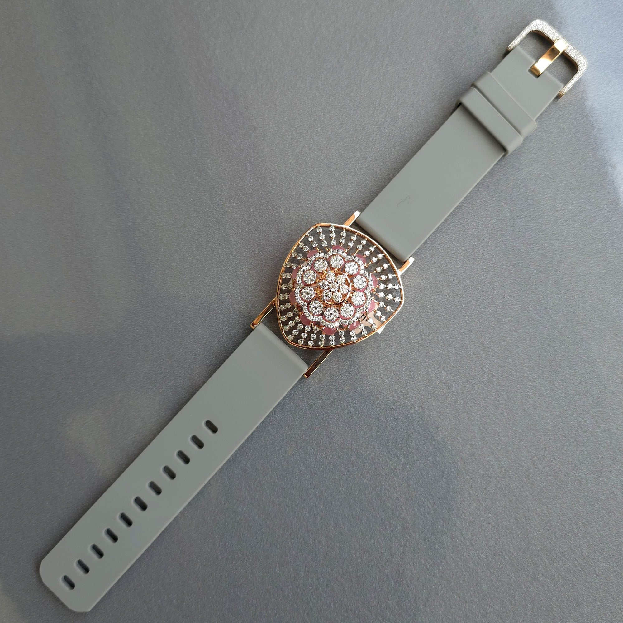 Unique Triangle Floral Dome Design In 925 Sterling Silver Bracelet, Real White Moissanites & Jade Watch Bracelet, Unique Woman Bracelet