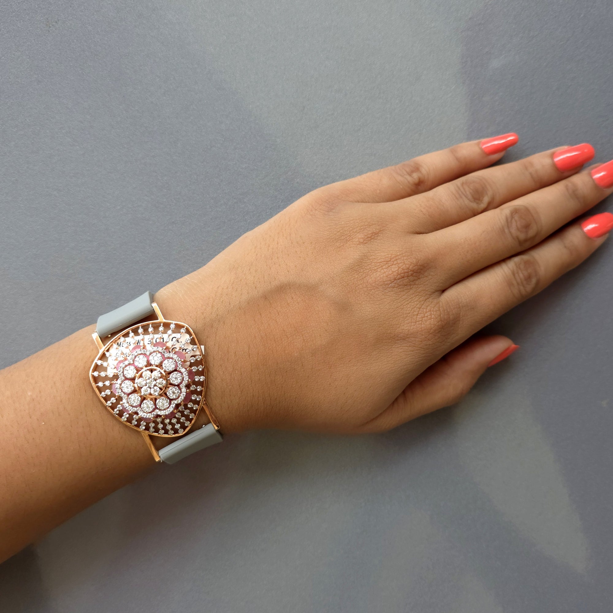 Unique Triangle Floral Dome Design In 925 Sterling Silver Bracelet, Real White Moissanites & Jade Watch Bracelet, Unique Woman Bracelet