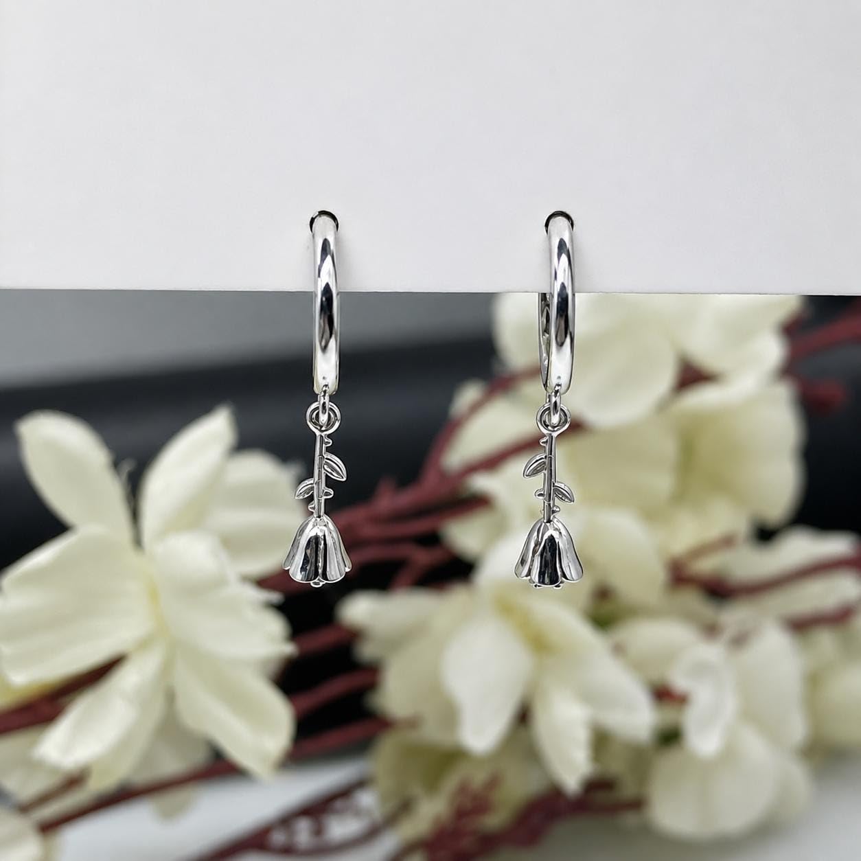 AMONROO® 925 Silver Jewellery for Women - 925 Sterling Silver Bell Flower Dangle Hoop Earrings, Floral Huggie Earrings, Daily Wear | 925 Stamp, Warranty & Authenticity Certificate