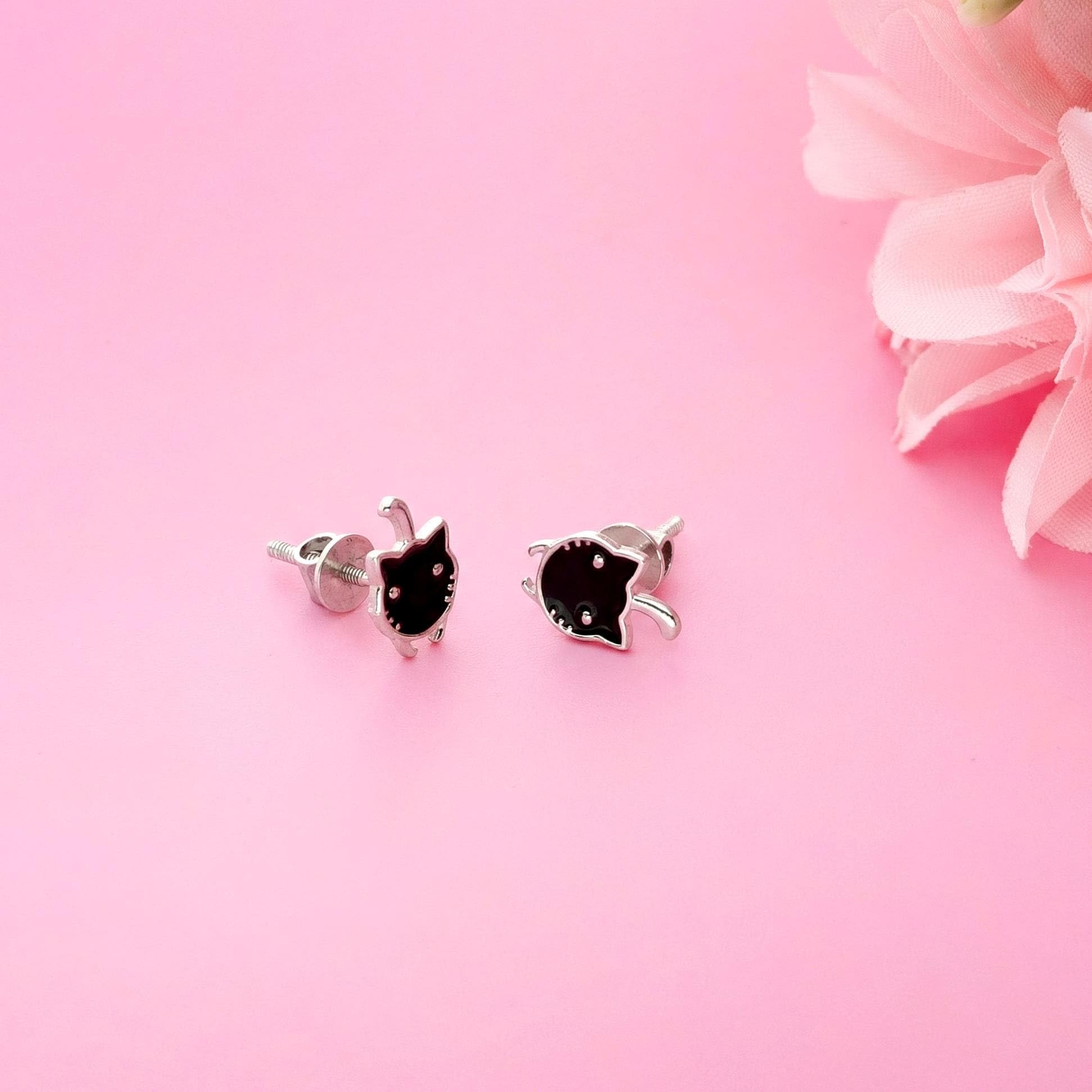 AMONROO® 925 Silver Jewellery for Women - 925 Sterling Silver Black Cat Enamel Stud Earrings, Cat Earrings, Animal Jewellery Gift | 925 Stamp, Warranty & Authenticity Certificate