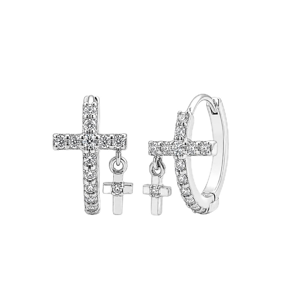 AMONROO® 925 Silver Jewellery for Women - 925 Sterling Silver Cross CZ Huggie Hoop Earrings, Dangle Cross Earrings, 11 x 8 mm | 925 Stamp, Warranty & Authenticity Certificate