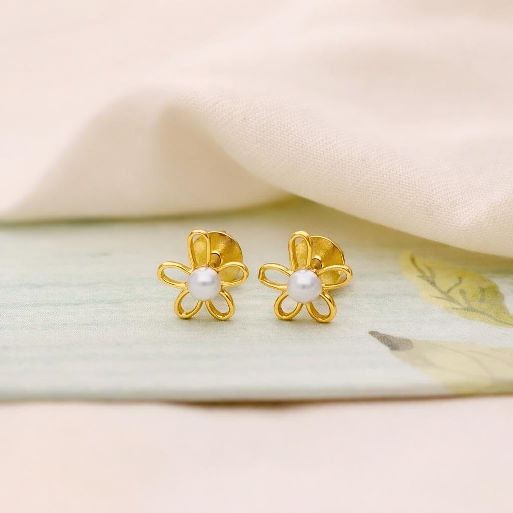 AMONROO® 925 Silver Jewellery for Women - Gold Finish 925 Sterling Silver Flower Pearl Stud Earrings, Daisy Earrings, Daily Wear Jewellery | 925 Stamp, Warranty & Authenticity Certificate