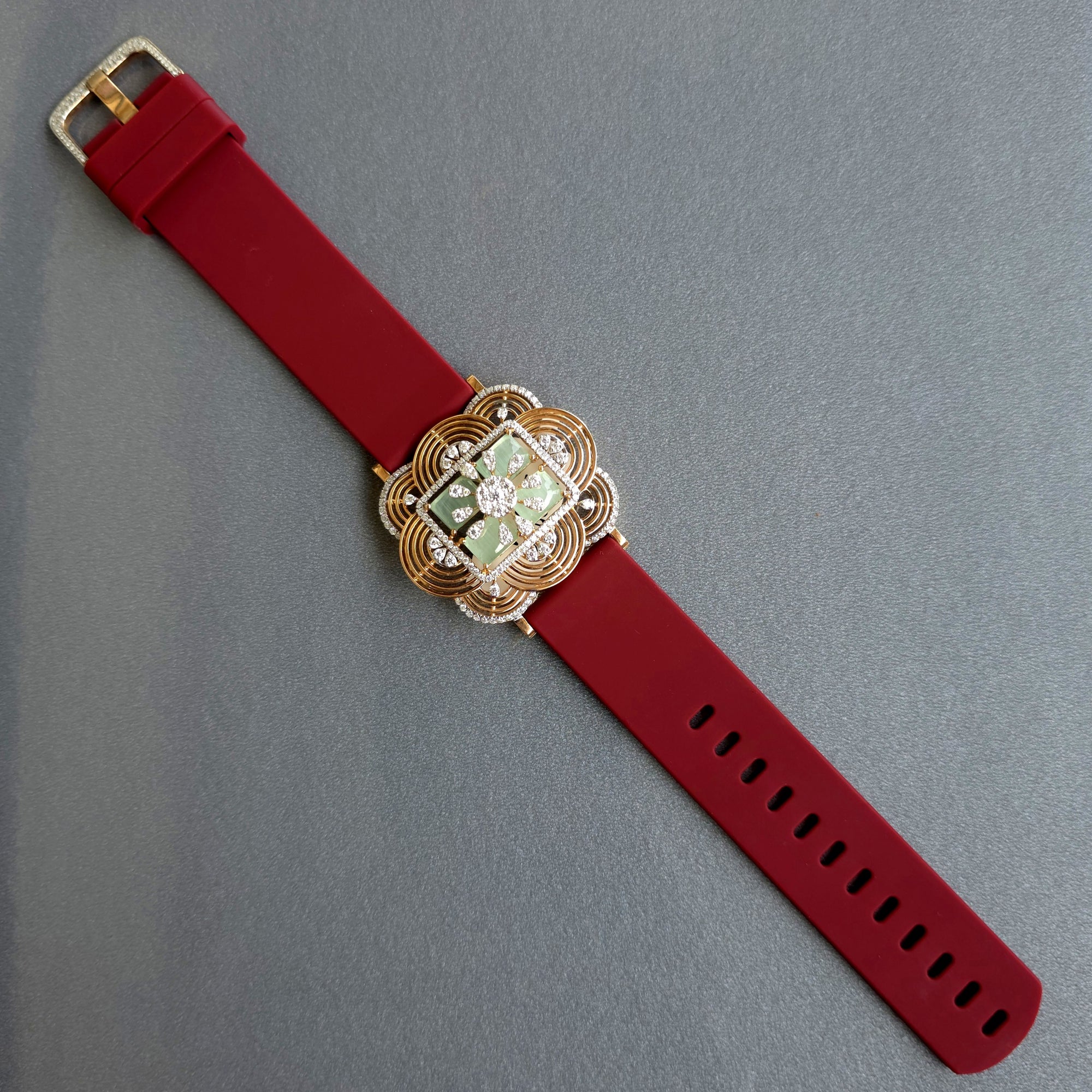 Handcrafted Floral Design In 925 Sterling Silver Bracelet, Real White Moissanites & Green Jade Watch Bracelet, Unique Women's Bracelet