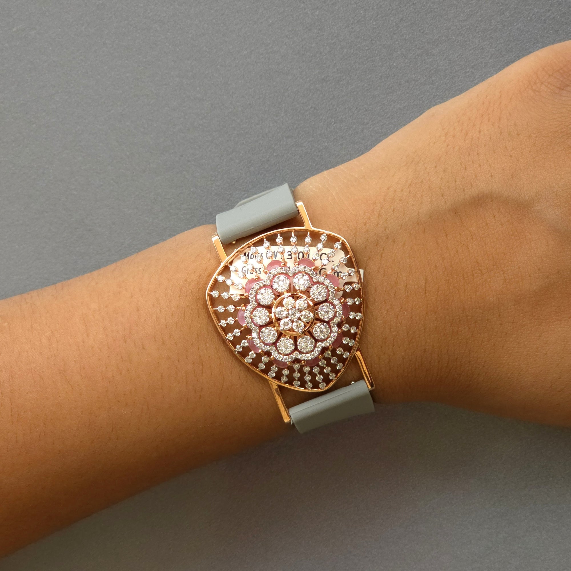 Unique Triangle Floral Dome Design In 925 Sterling Silver Bracelet, Real White Moissanites & Jade Watch Bracelet, Unique Woman Bracelet