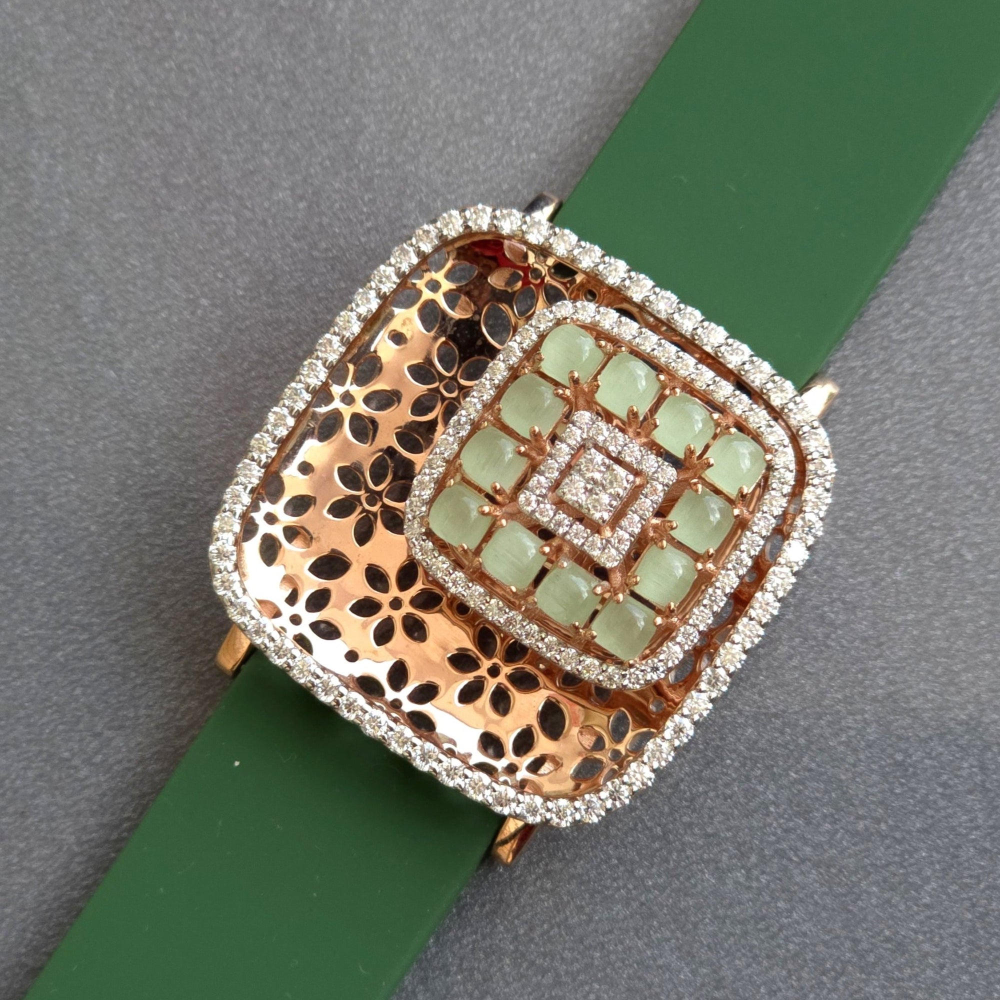 Amazing Floating Squares Floral Design In 925 Sterling Silver Bracelet, Real White Moissanites & Jade Watch Bracelet, Unique Woman Bracelet