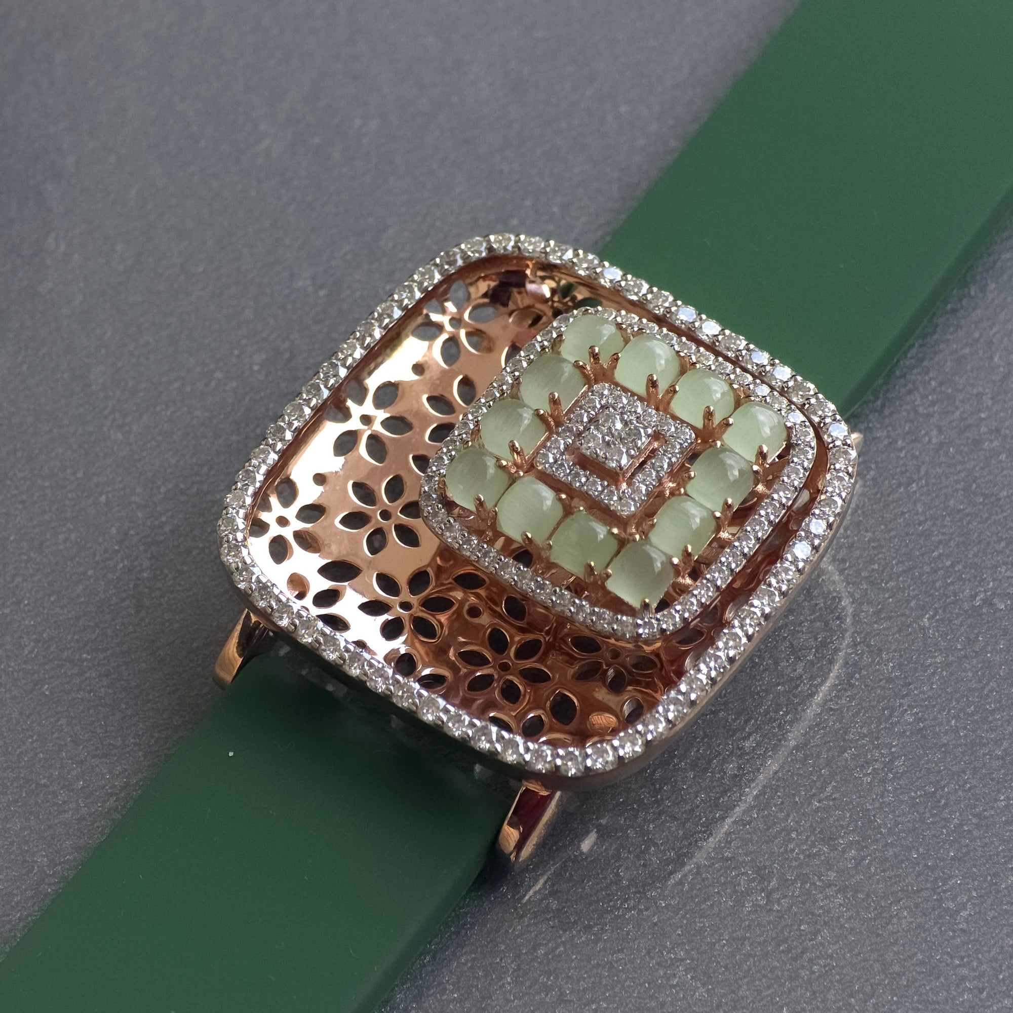 Amazing Floating Squares Floral Design In 925 Sterling Silver Bracelet, Real White Moissanites & Jade Watch Bracelet, Unique Woman Bracelet