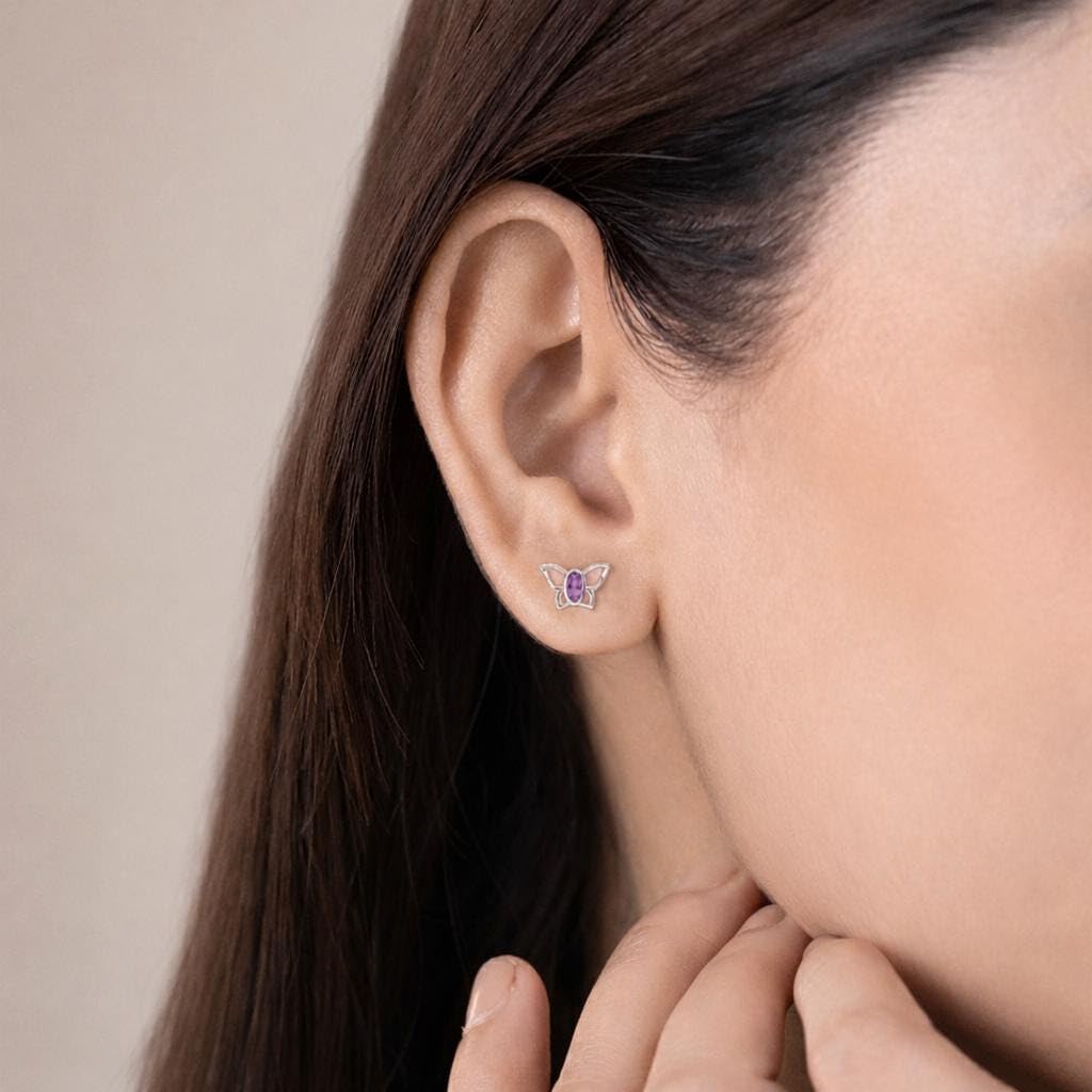 AMONROO® 925 Silver Jewellery for Women - 925 Sterling Silver Purple Butterfly Stud Earrings, CZ Butterfly Earrings, Dainty Jewellery Gift | 925 Stamp, Warranty & Authenticity Certificate