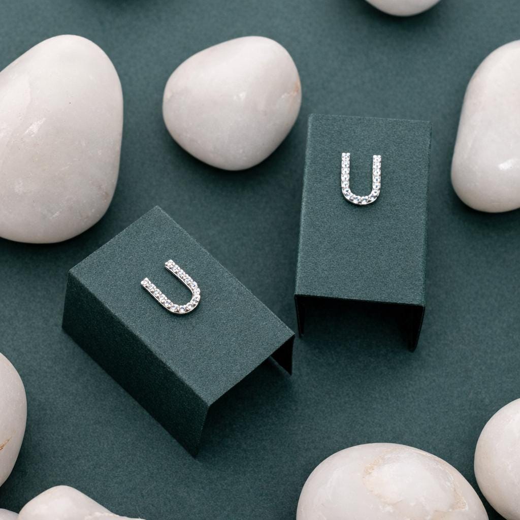 925 Sterling Silver U Initial Stud Earrings, Diamond Look Letter U Studs, Personalized Name Jewelry, Minimalist Gift for Her