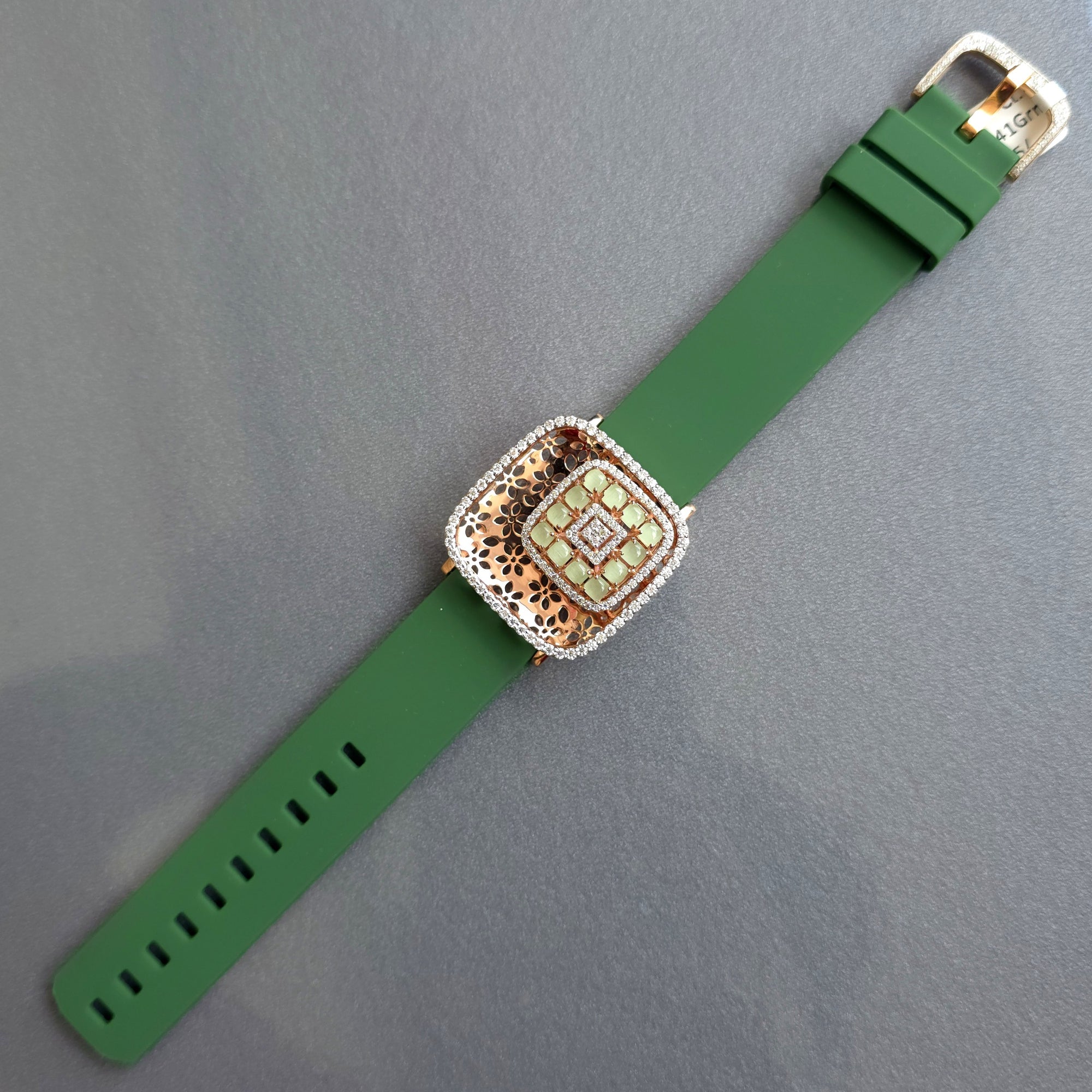 Amazing Floating Squares Floral Design In 925 Sterling Silver Bracelet, Real White Moissanites & Jade Watch Bracelet, Unique Woman Bracelet