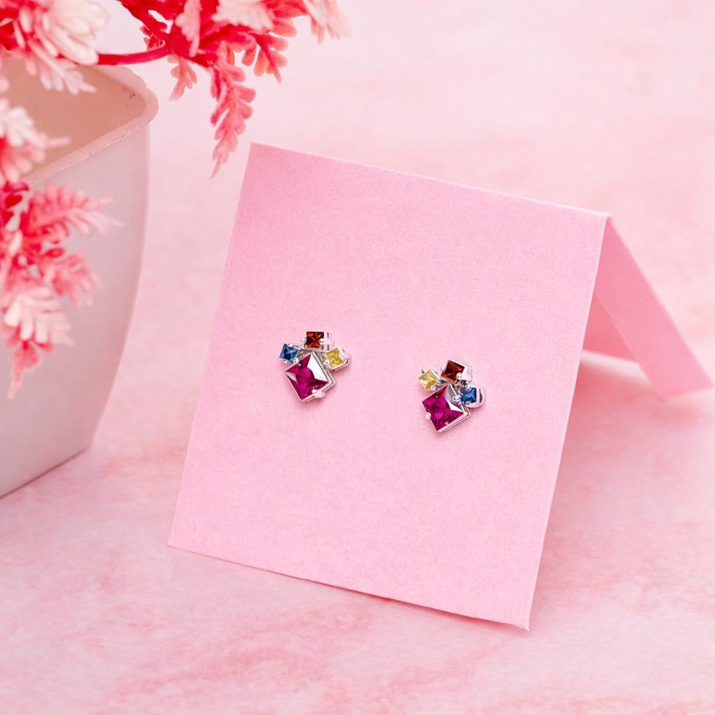 AMONROO® 925 Silver Jewellery for Women - 925 Sterling Silver Multicolour CZ Stud Earrings, Colourful Gemstone Earrings | 925 Stamp, Warranty & Authenticity Certificate
