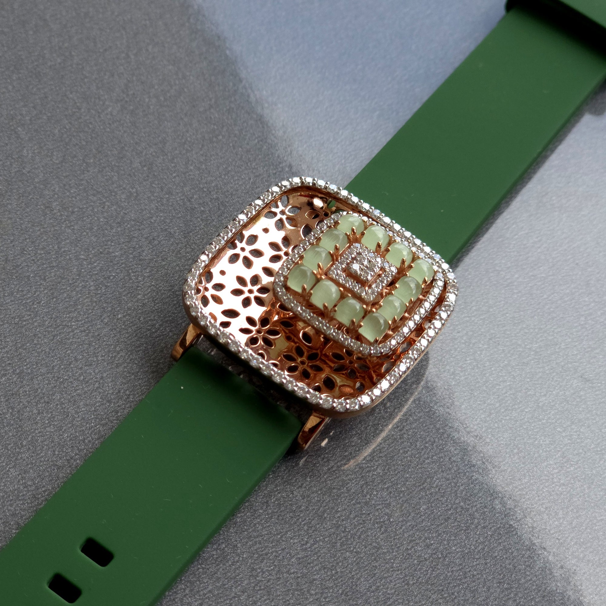 Amazing Floating Squares Floral Design In 925 Sterling Silver Bracelet, Real White Moissanites & Jade Watch Bracelet, Unique Woman Bracelet