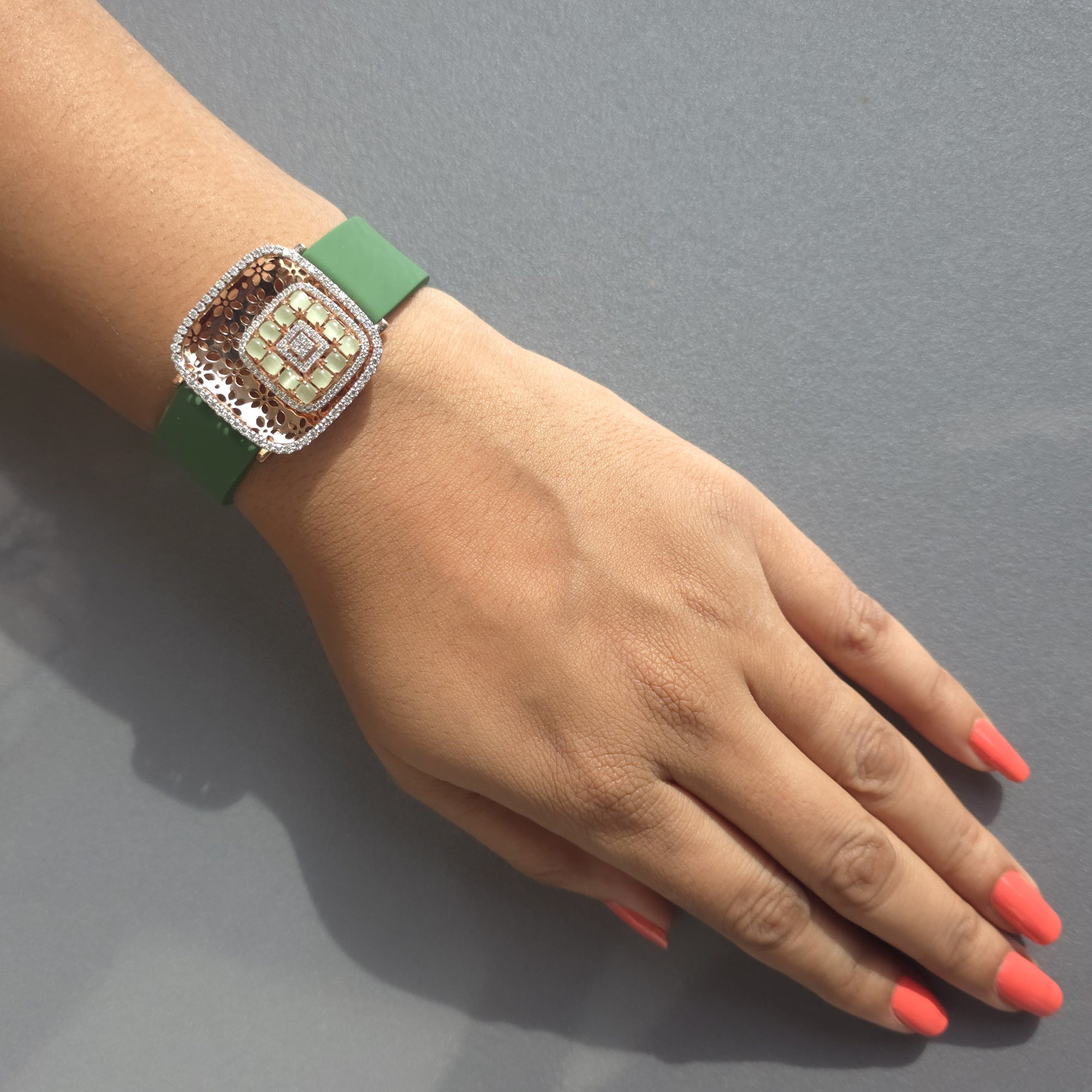 Amazing Floating Squares Floral Design In 925 Sterling Silver Bracelet, Real White Moissanites & Jade Watch Bracelet, Unique Woman Bracelet