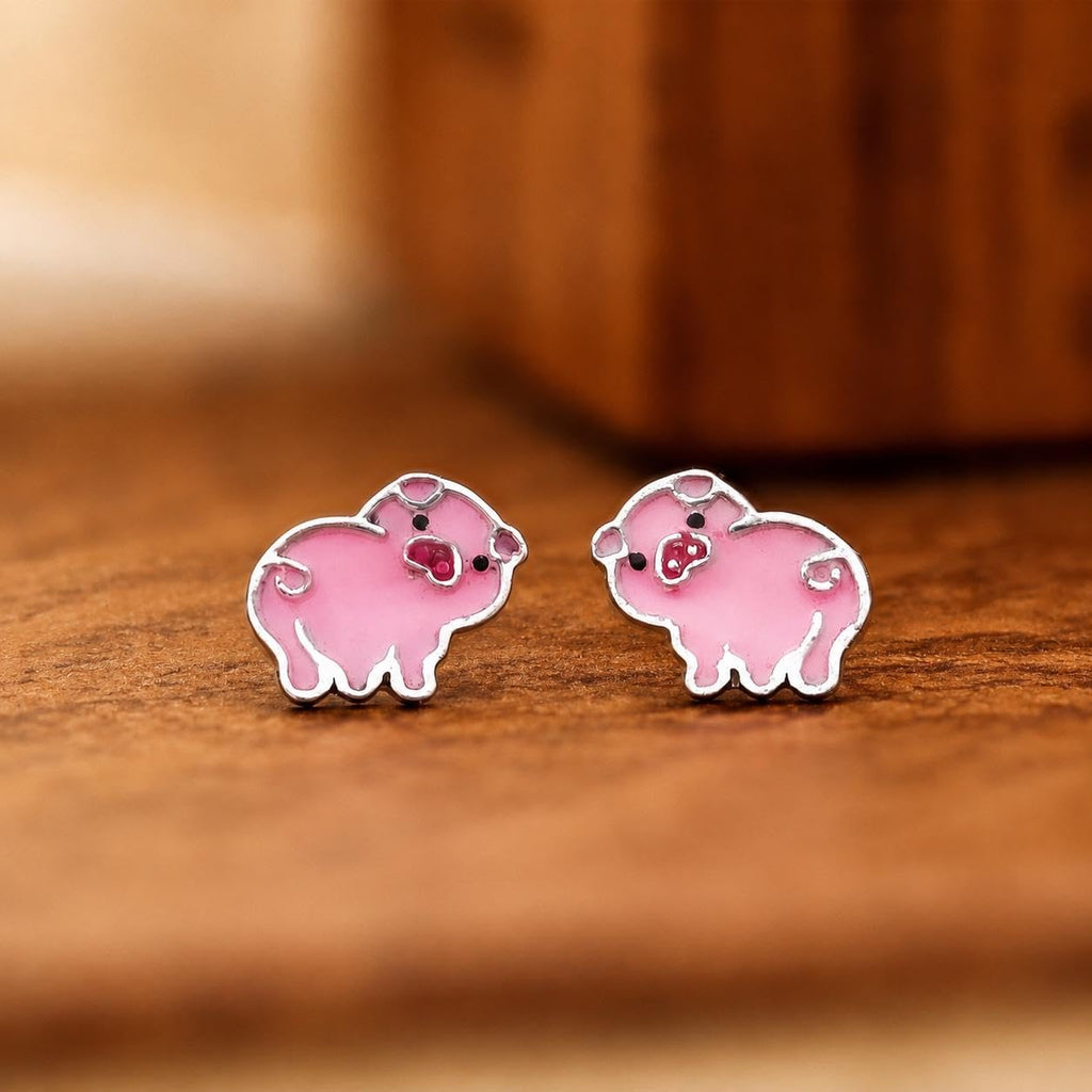 AMONROO® 925 Silver Jewellery for Women - 925 Sterling Silver Pink Pig Enamel Stud Earrings, Animal Jewellery, Gift for Girls | 925 Stamp, Warranty & Authenticity Certificate