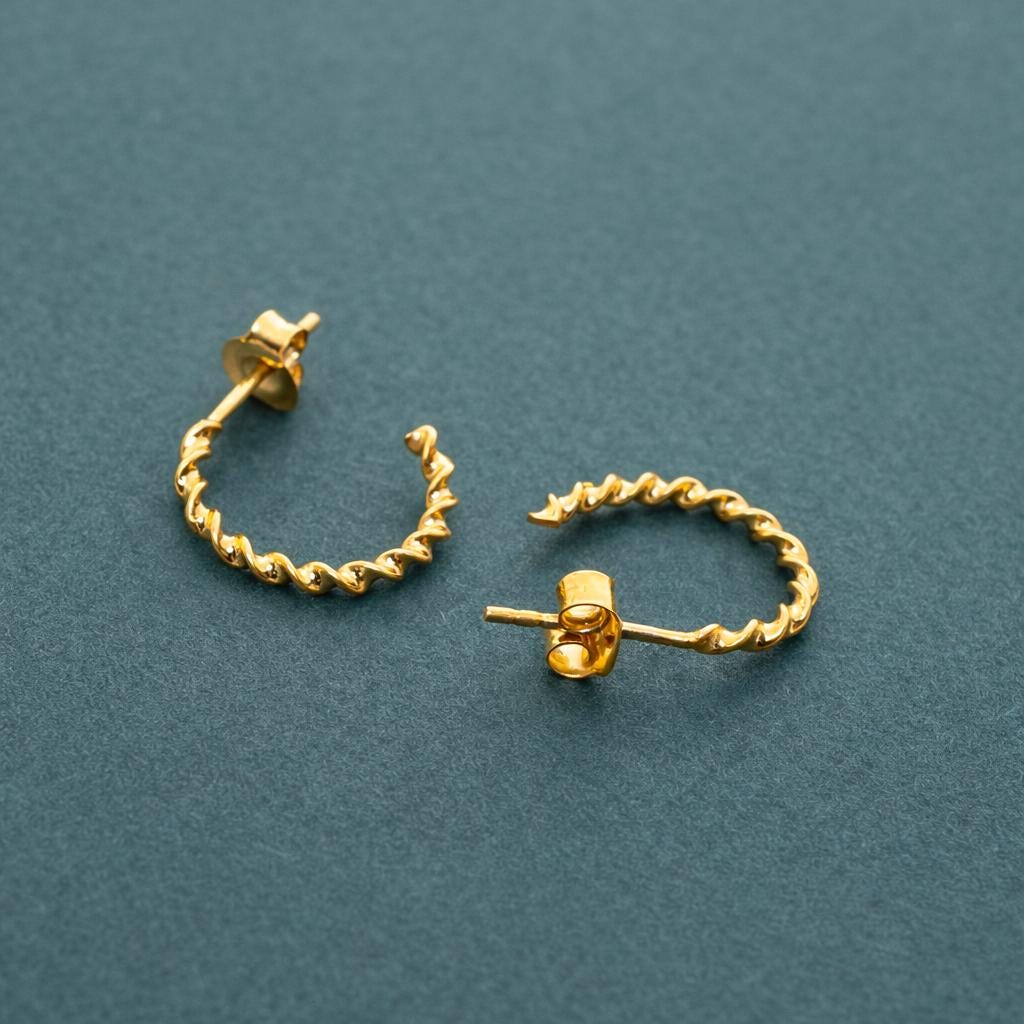 Gold Finish Sterling Silver Twisted Hoop Earrings, Dainty Rope Studs-Size 15 x 2 MM