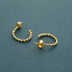 Gold Finish Sterling Silver Twisted Hoop Earrings, Dainty Rope Studs-Size 15 x 2 MM