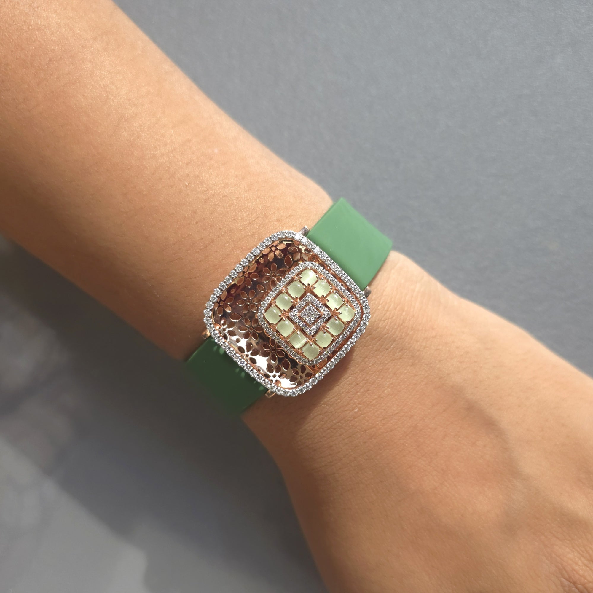 Amazing Floating Squares Floral Design In 925 Sterling Silver Bracelet, Real White Moissanites & Jade Watch Bracelet, Unique Woman Bracelet