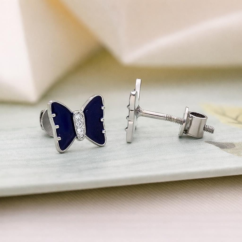 AMONROO® 925 Silver Jewellery for Women - 925 Sterling Silver Blue Bow Butterfly CZ Stud Earrings, Dainty Fashion Jewellery | 925 Stamp, Warranty & Authenticity Certificate