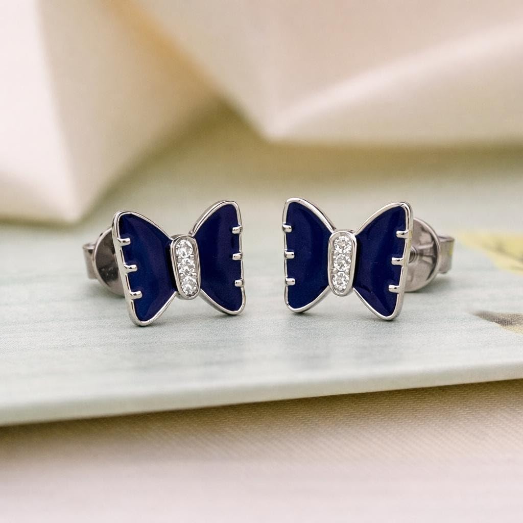 AMONROO® 925 Silver Jewellery for Women - 925 Sterling Silver Blue Bow Butterfly CZ Stud Earrings, Dainty Fashion Jewellery | 925 Stamp, Warranty & Authenticity Certificate