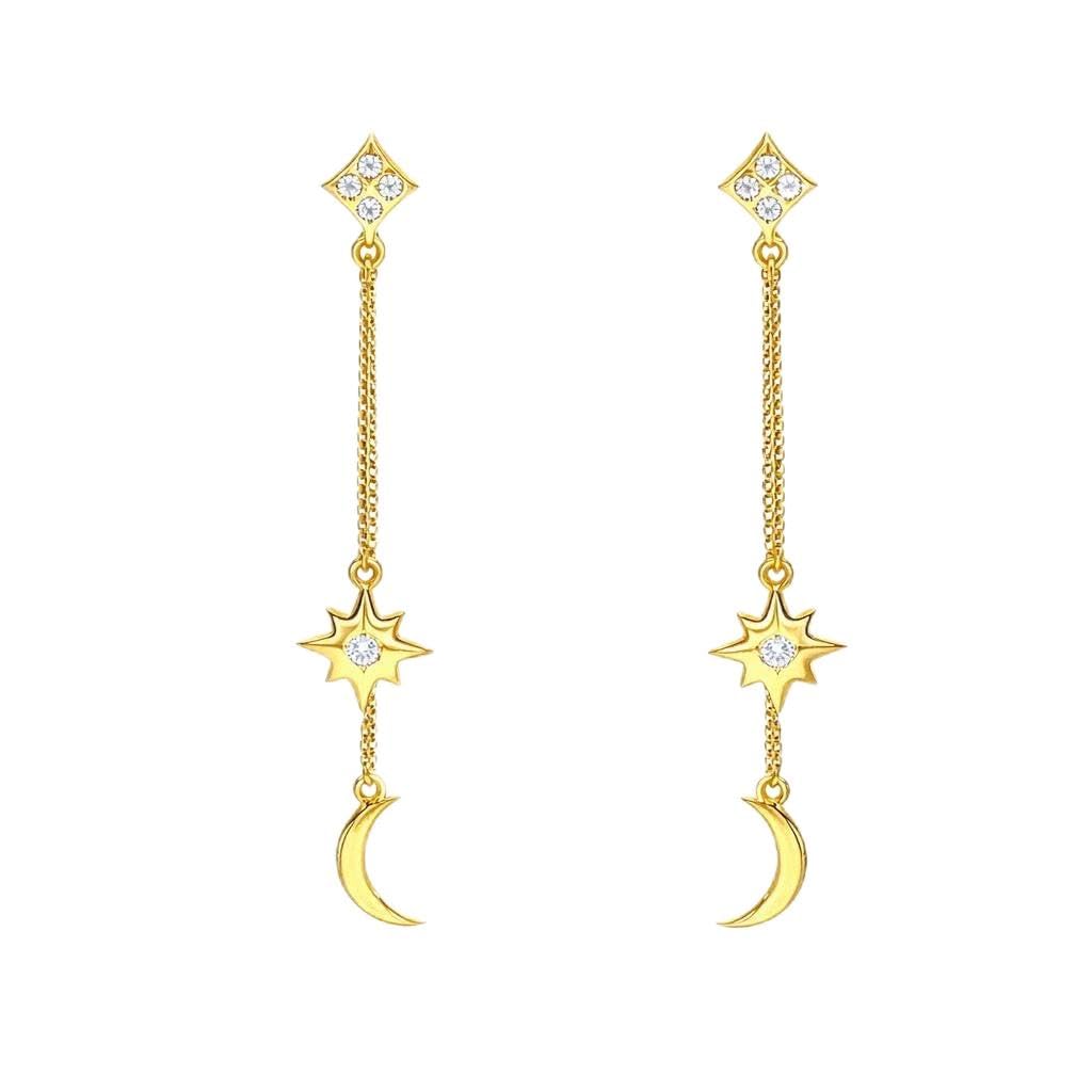 AMONROO® 925 Silver Jewellery for Women - 925 Sterling Silver Moon Star Dangle Earrings, Gold Finish CZ Chain Earrings, Trendy Jewellery | 925 Stamp, Warranty & Authenticity Certificate