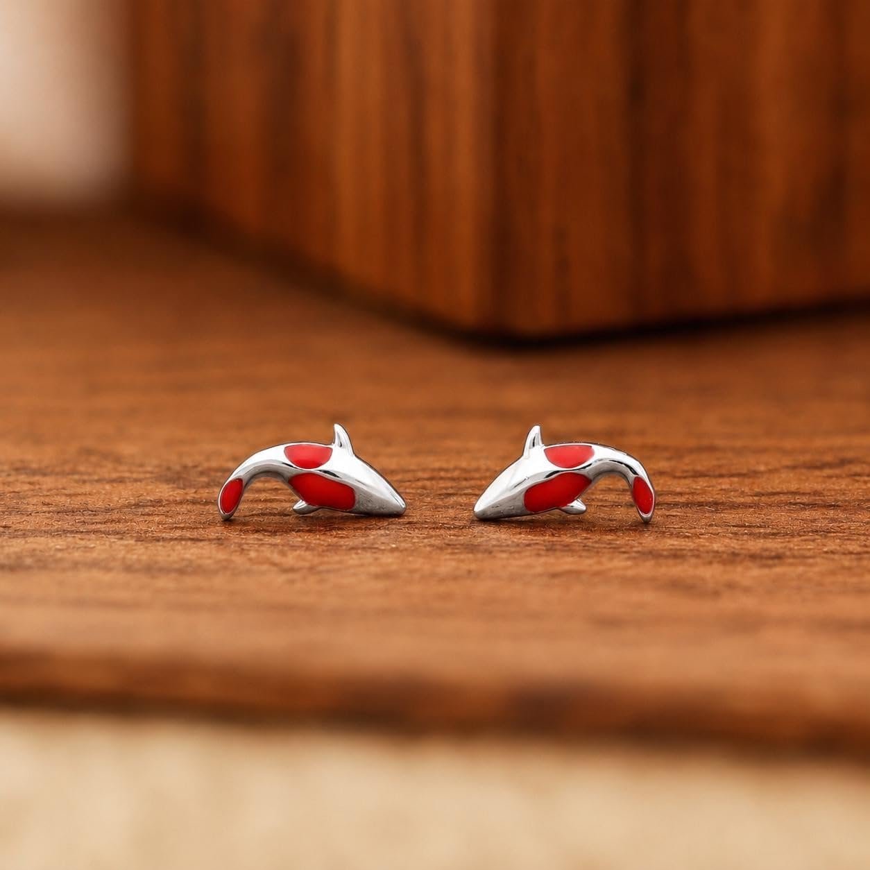 AMONROO® 925 Silver Jewellery for Women - 925 Sterling Silver Red Dolphin Enamel Stud Earrings, Ocean Animal Jewellery, Gift for Women | 925 Stamp, Warranty & Authenticity Certificate