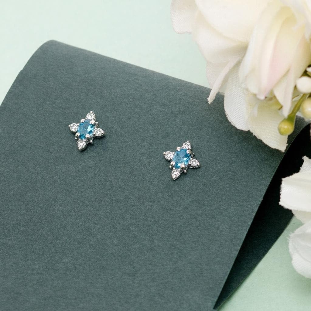 AMONROO® 925 Silver Jewellery for Women - 925 Sterling Silver Blue Topaz CZ Stud Earrings, Halo Stone Earrings, Birthstone Jewellery Gift | 925 Stamp, Warranty & Authenticity Certificate