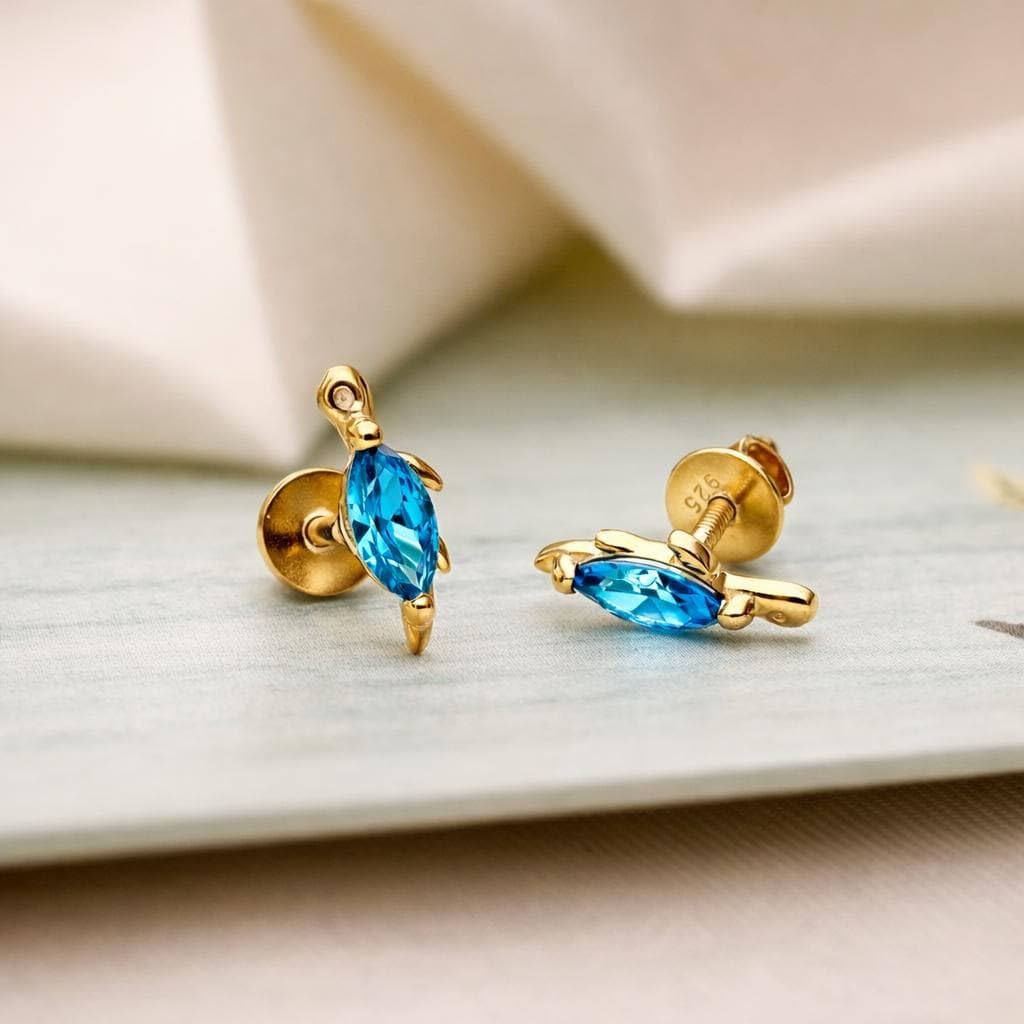 AMONROO® 925 Silver Jewellery for Women - Gold Finish 925 Sterling Silver Sea Turtle Blue CZ Stud Earrings, Ocean Jewellery Gift | 925 Stamp, Warranty & Authenticity Certificate