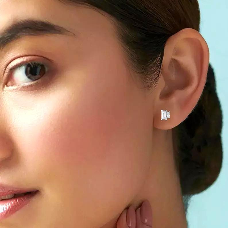 925 Sterling Silver Emerald Cut Stud Earrings, Minimalist Geometric Bridal Jewelry