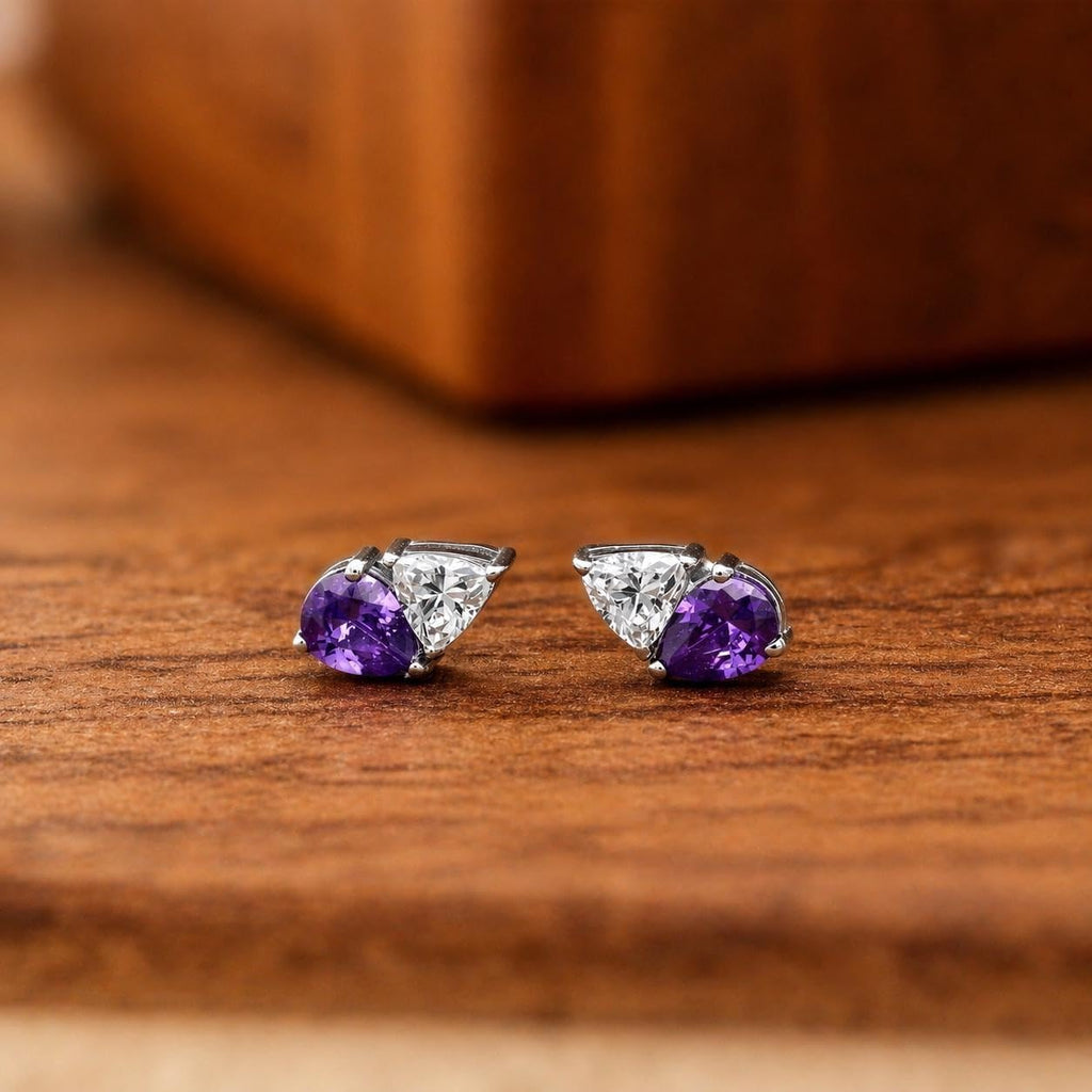 AMONROO® 925 Silver Jewellery for Women - 925 Sterling Silver Purple Amethyst White CZ Stud Earrings, Two Stone Dainty Jewellery | 925 Stamp, Warranty & Authenticity Certificate