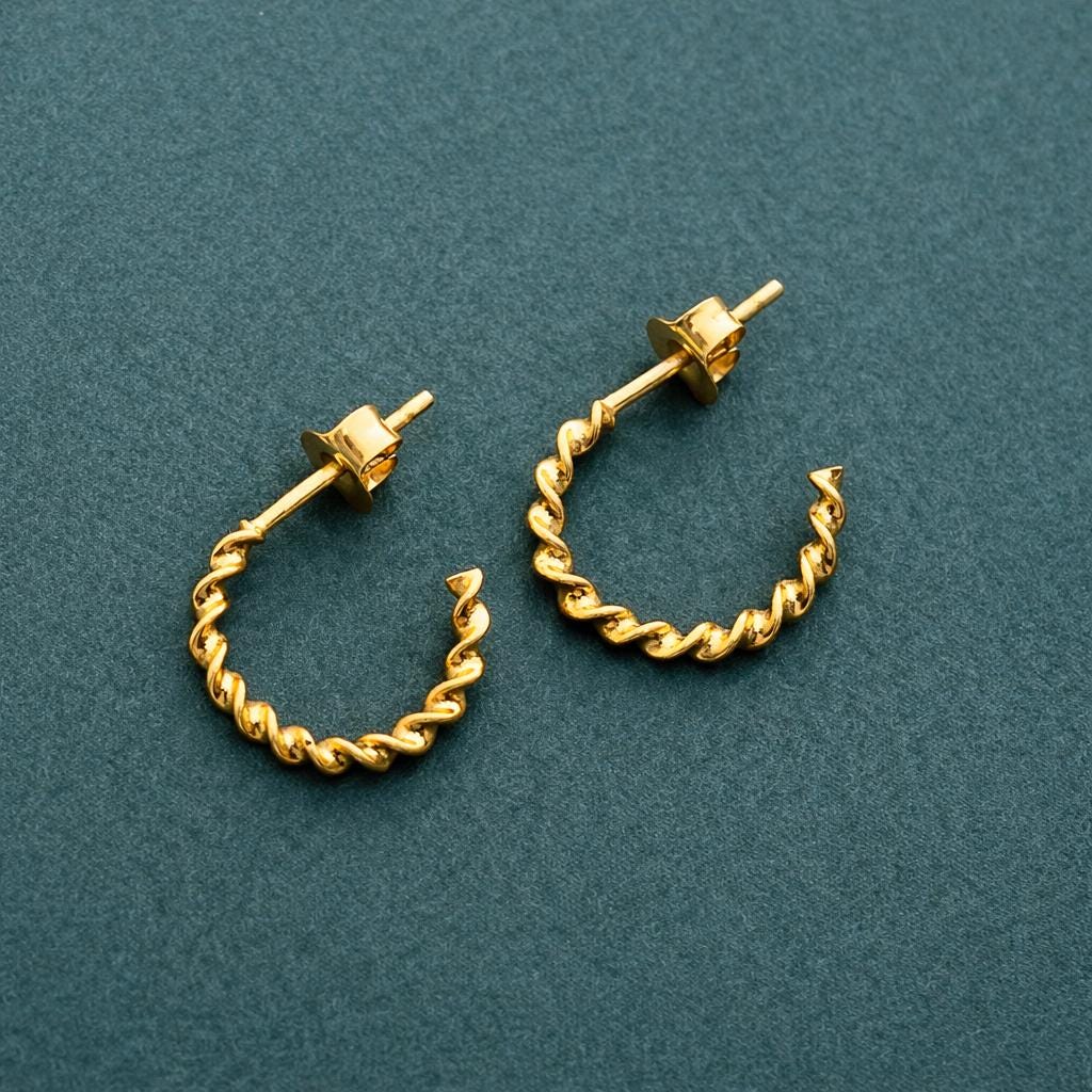 Gold Finish Sterling Silver Twisted Hoop Earrings, Dainty Rope Studs-Size 15 x 2 MM