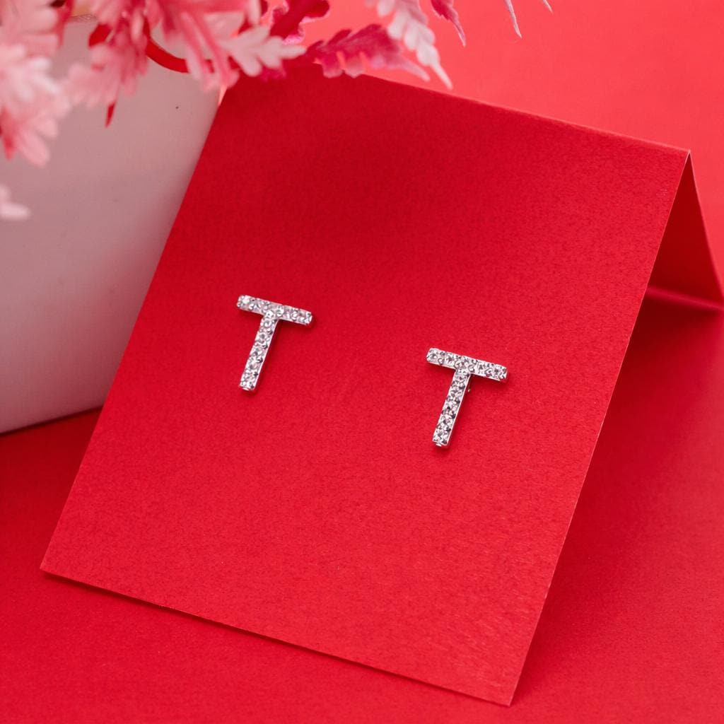 Sterling Silver CZ Initial Stud Earrings, Personalized Letter T