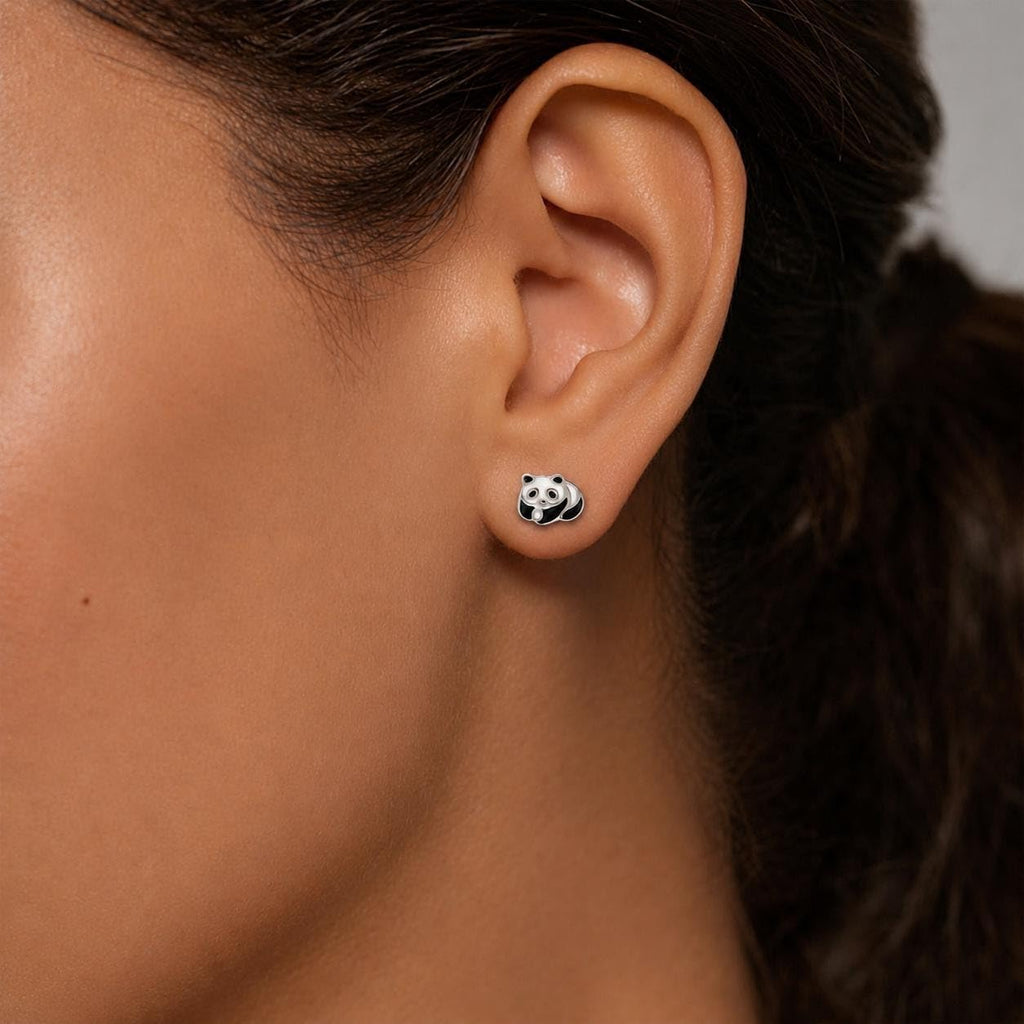 AMONROO® 925 Silver Jewellery for Women - 925 Sterling Silver Panda Enamel Stud Earrings, Animal Jewellery, Gift for Girls | 925 Stamp, Warranty & Authenticity Certificate