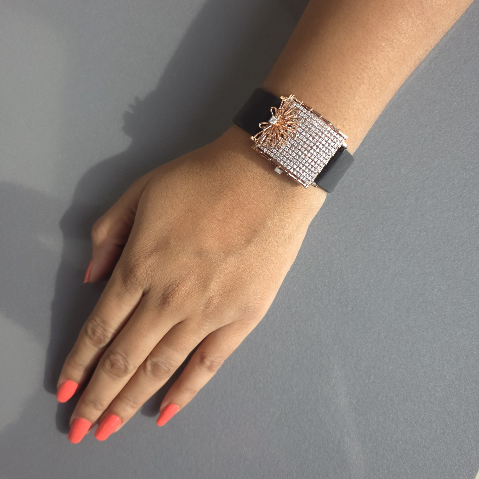 Handcrafted Half Floral Design In 925 Sterling Silver Bracelet, Real White Pave Set Moissanites Watch Bracelet, Unique Women's Bracelet