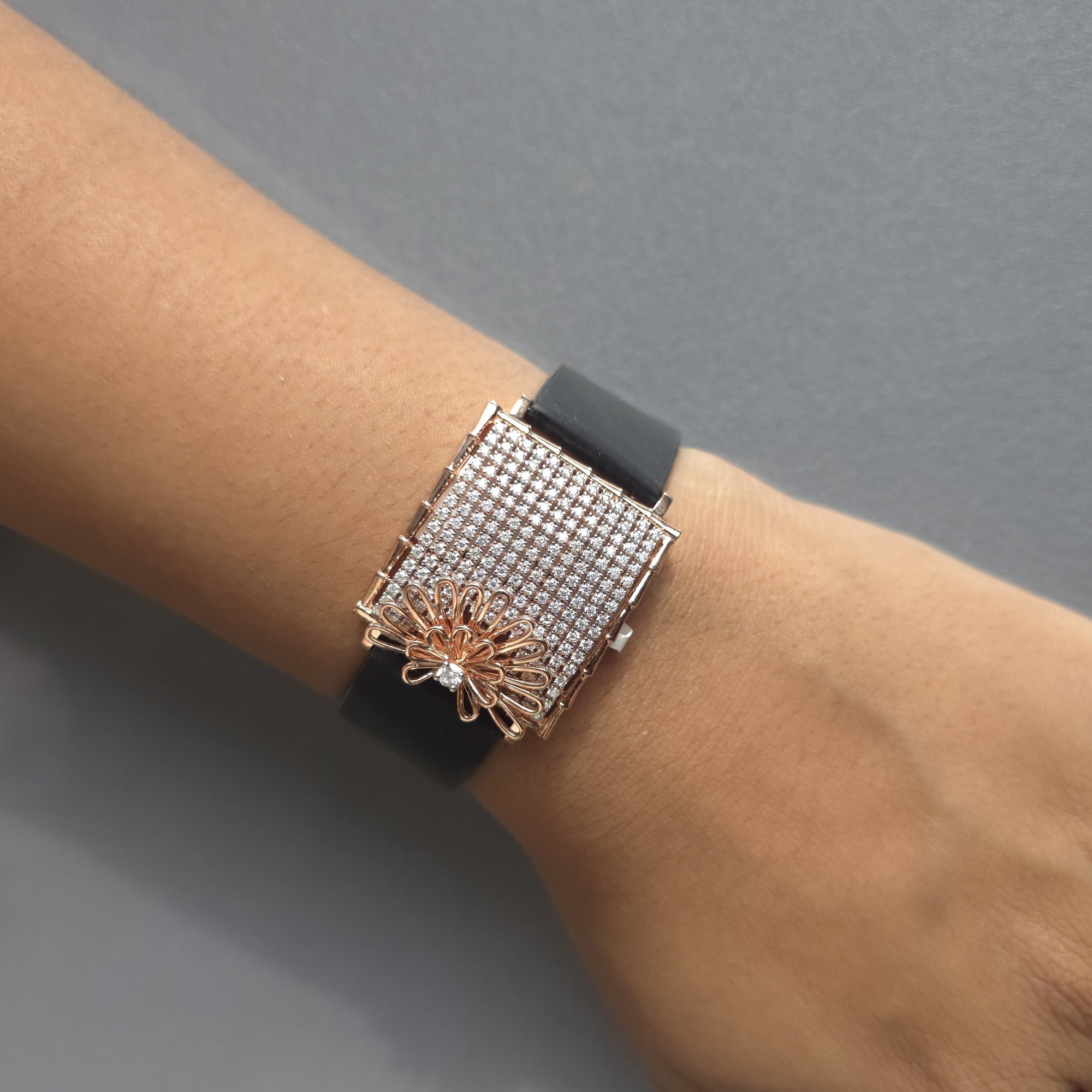 Handcrafted Half Floral Design In 925 Sterling Silver Bracelet, Real White Pave Set Moissanites Watch Bracelet, Unique Women's Bracelet