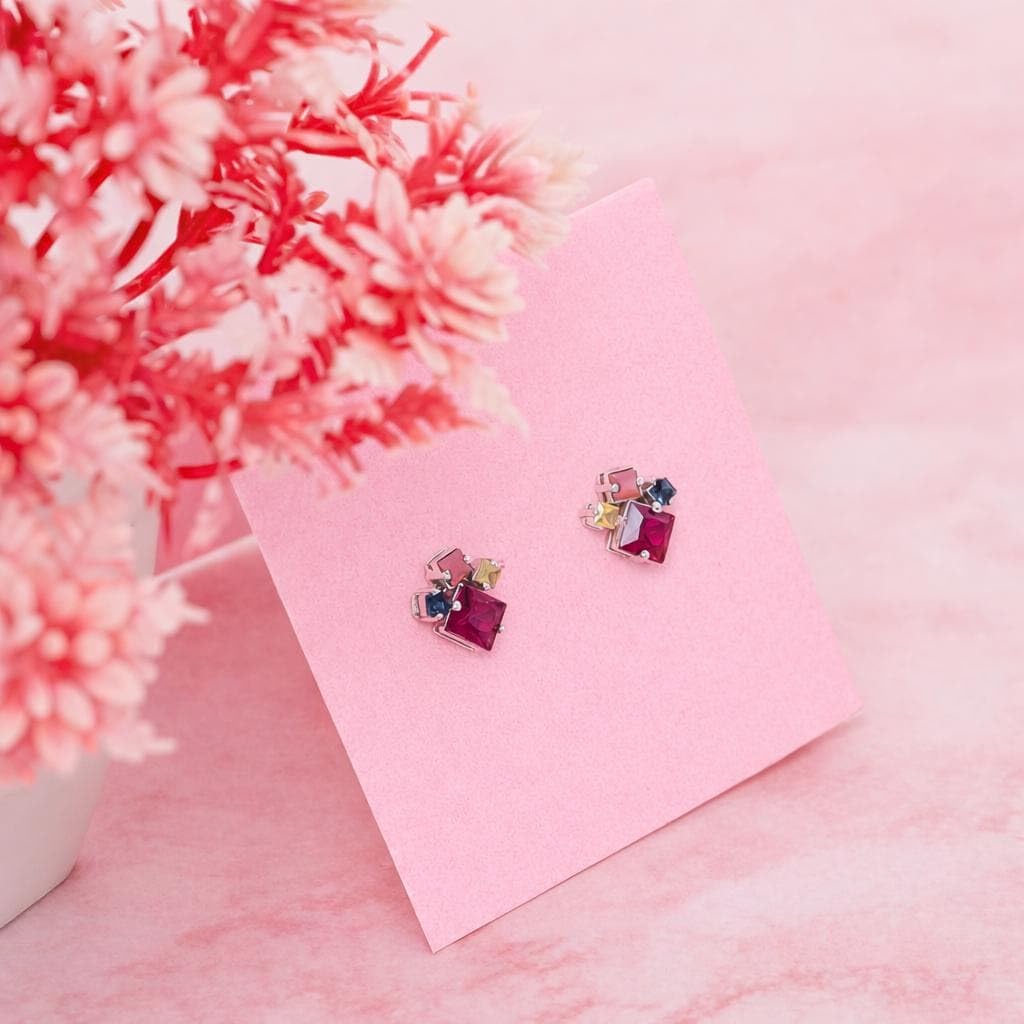 AMONROO® 925 Silver Jewellery for Women - 925 Sterling Silver Multicolour CZ Stud Earrings, Colourful Gemstone Earrings | 925 Stamp, Warranty & Authenticity Certificate