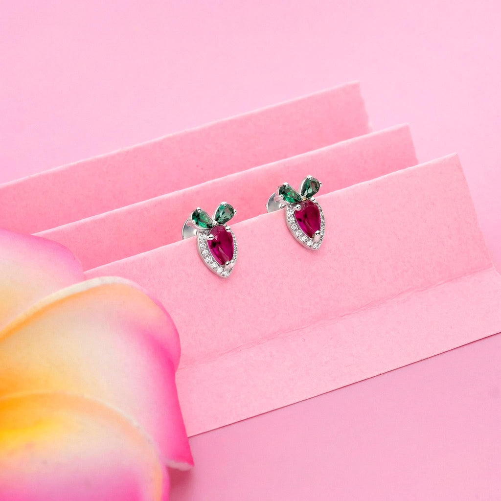 AMONROO® 925 Silver Jewellery for Women - 925 Sterling Silver Strawberry Stud Earrings, Pink CZ Fruit Earrings, Daily Wear Jewellery | 925 Stamp, Warranty & Authenticity Certificate