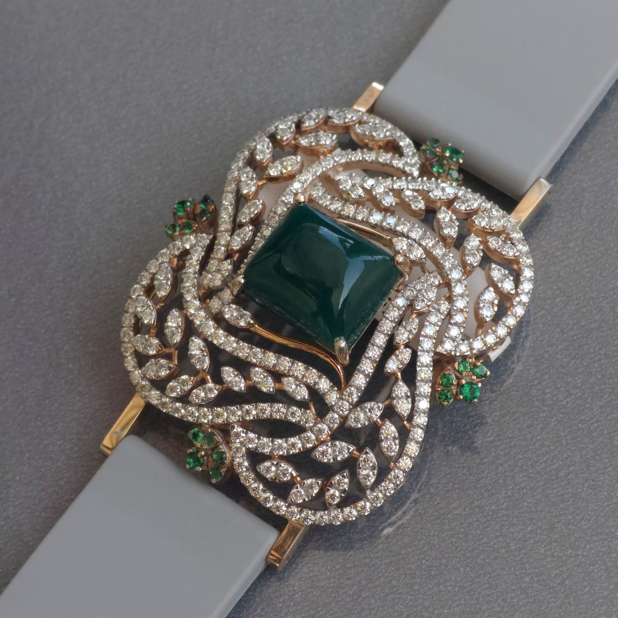 Floral & Petals Design In 925 Sterling Silver Bracelet, Green Cabochon Emerald And White Moissanites Watch Bracelet, Unique Women Bracelet