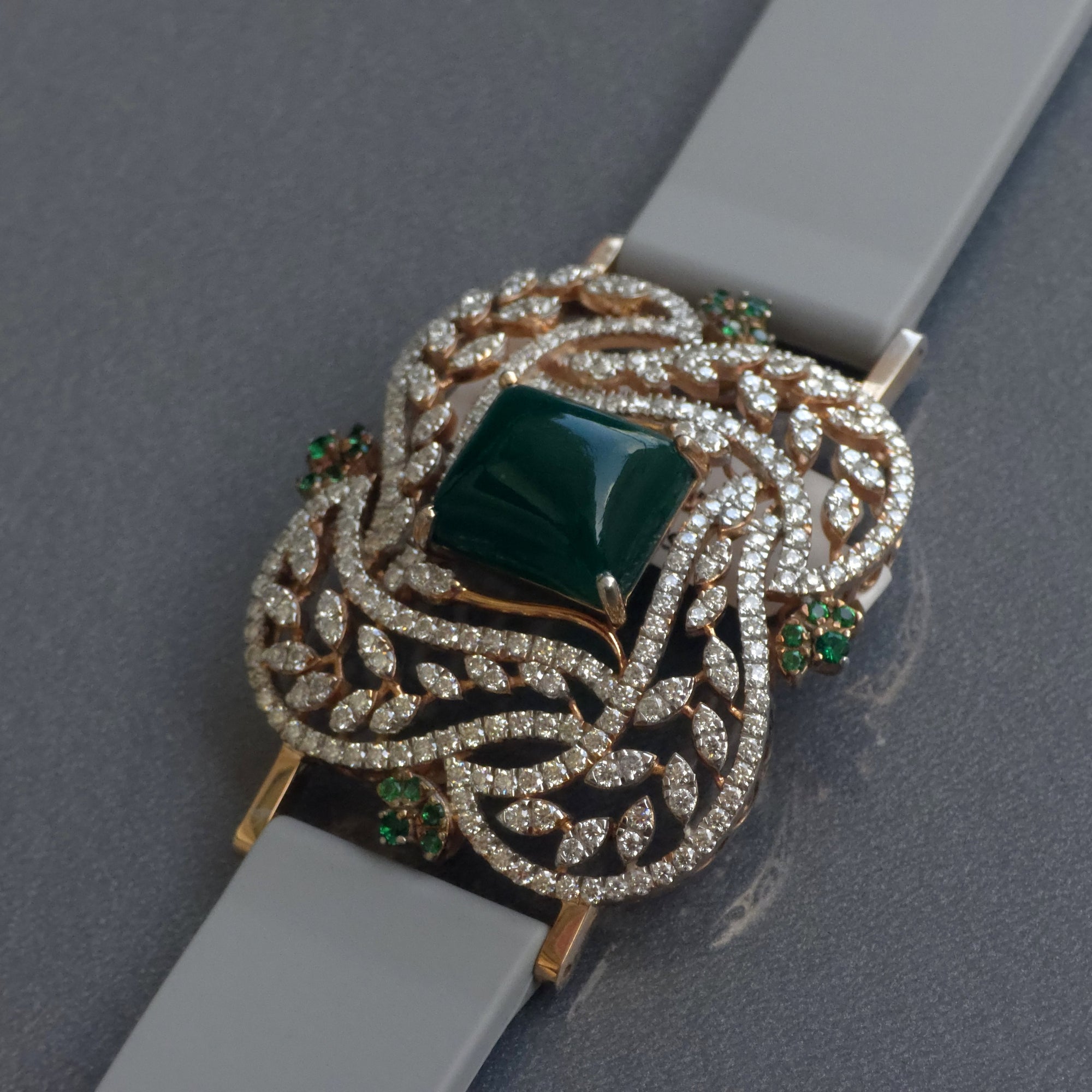 Floral & Petals Design In 925 Sterling Silver Bracelet, Green Cabochon Emerald And White Moissanites Watch Bracelet, Unique Women Bracelet