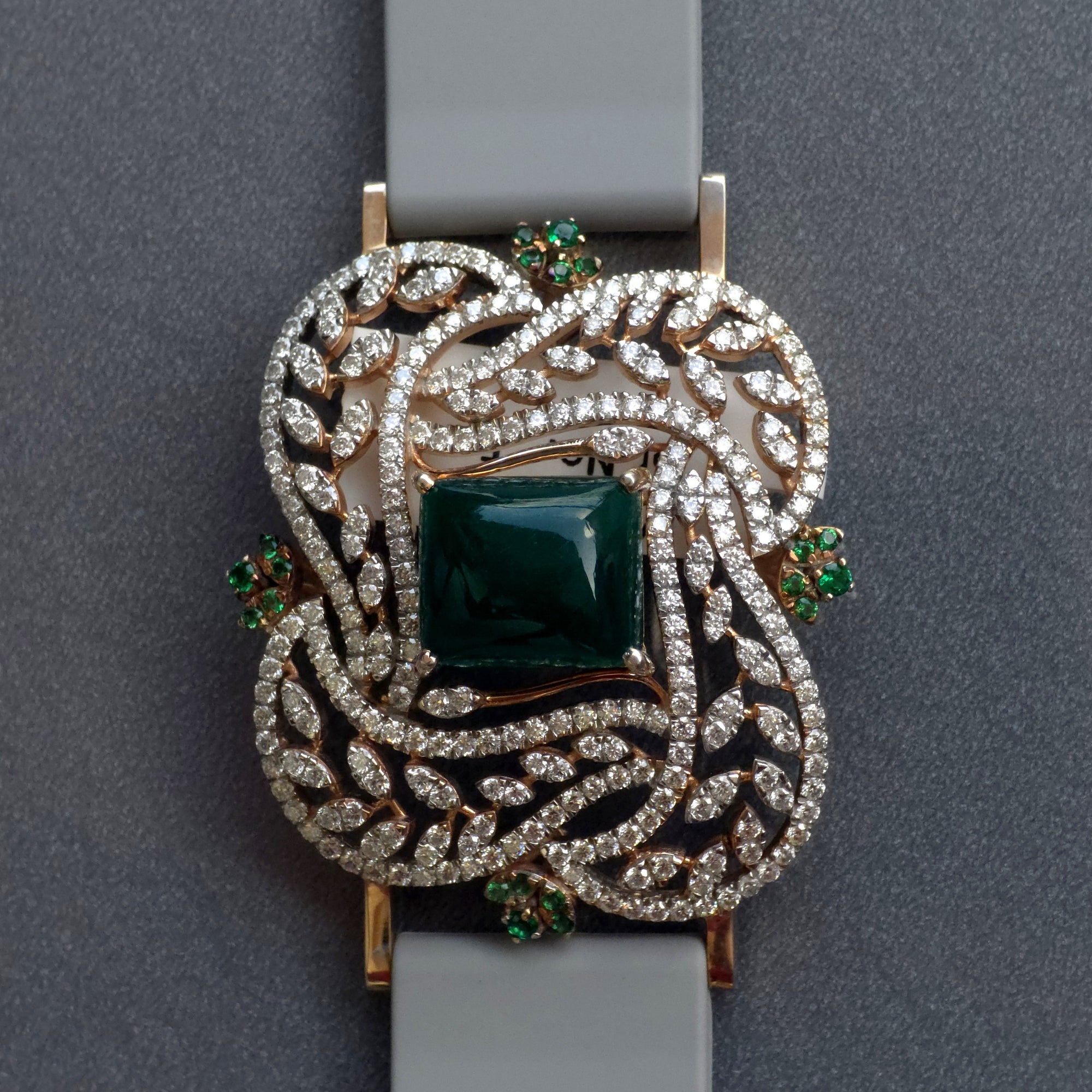 Floral & Petals Design In 925 Sterling Silver Bracelet, Green Cabochon Emerald And White Moissanites Watch Bracelet, Unique Women Bracelet