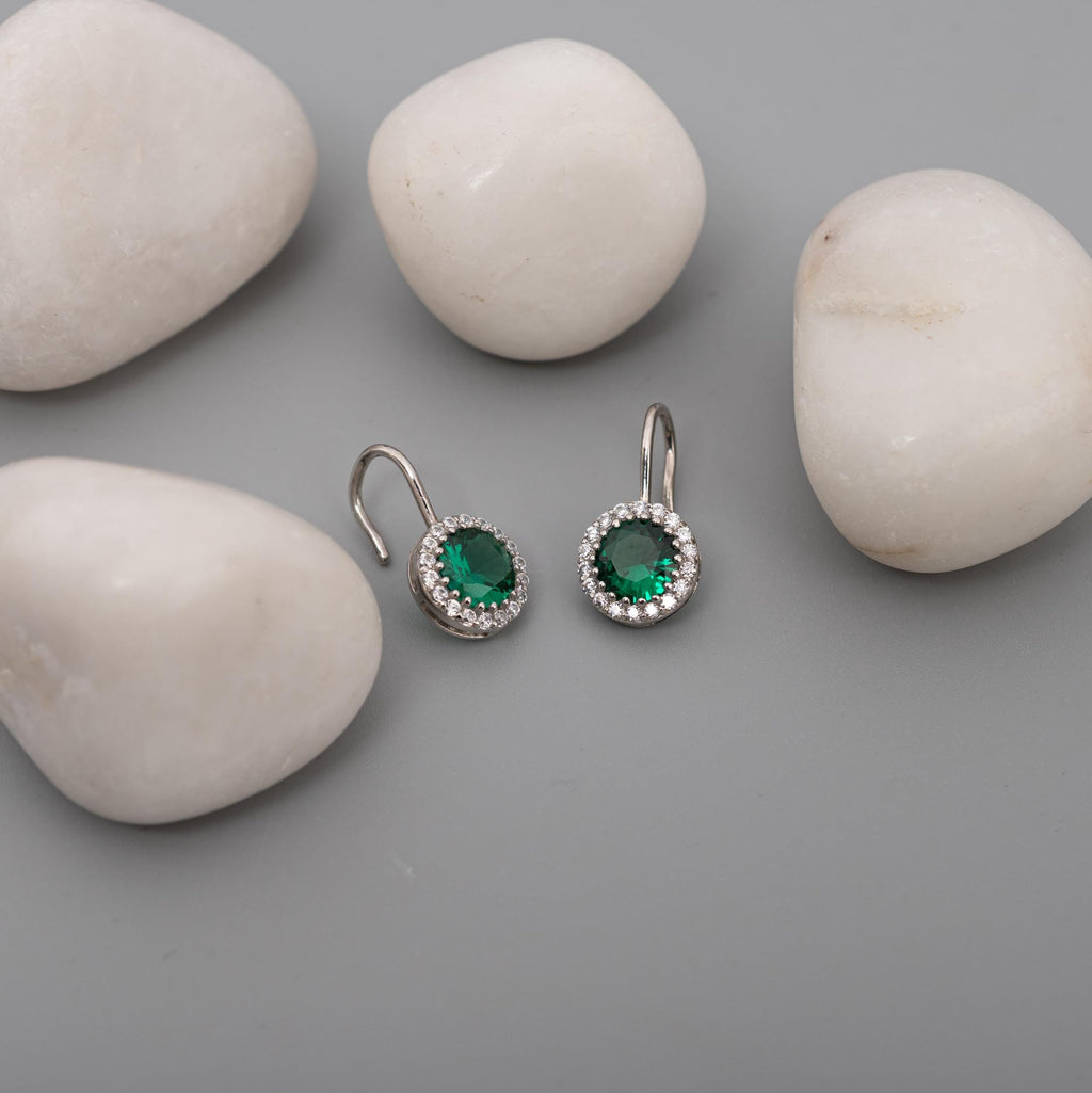 AMONROO® 925 Silver Jewellery for Women - 925 Sterling Silver Emerald Green CZ Dangle Earrings, Halo Drop Earrings | 925 Stamp, Warranty & Authenticity Certificate